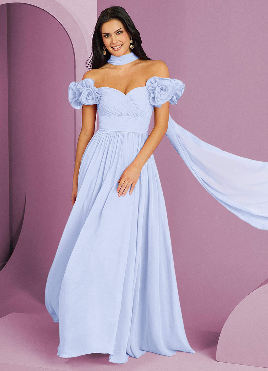 Barbie ♥ Azazie Robes de demoiselle d'honneur Robe Trapèze Convertible en Mousseline de soie Épaule décolletée Lavande image1