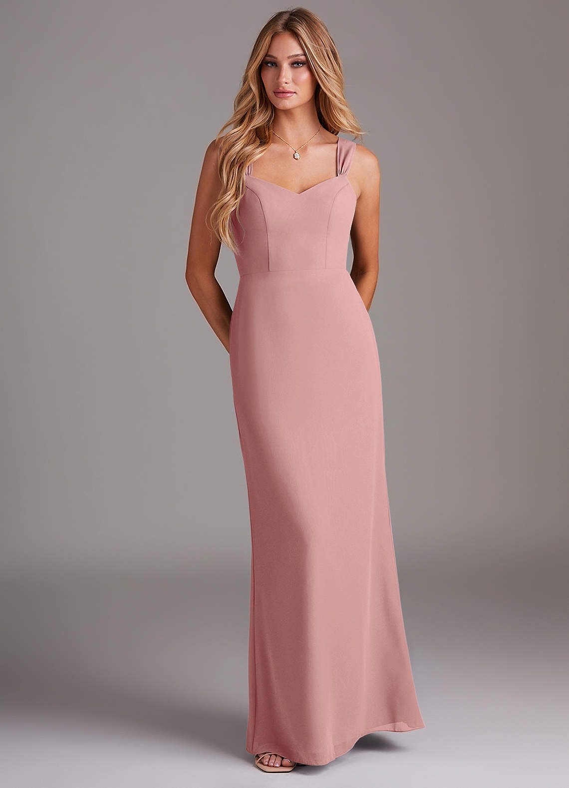 Azazie Denice Brautjungfernkleider Etui Gefaltet Chiffon Kleid Altrosa image1