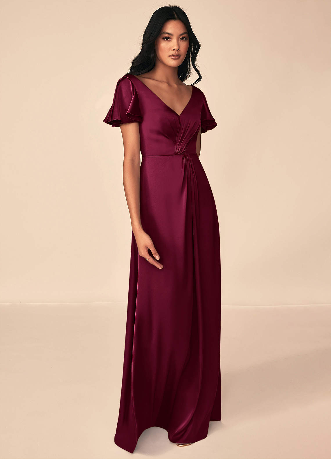 Azazie Soren Bridesmaid Dresses Burgundy A-Line Pleated Stretch Satin Dress image3