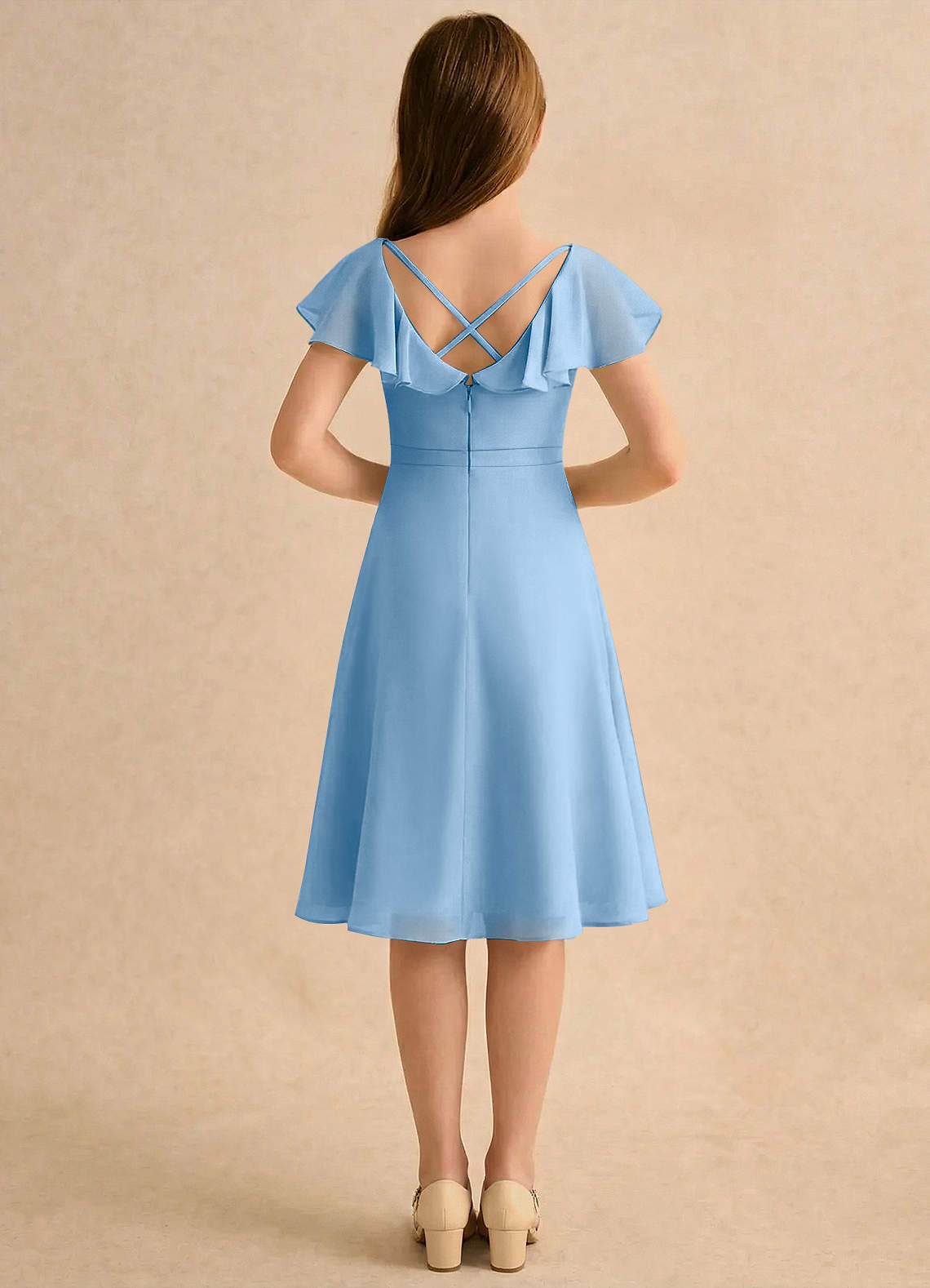 Azazie Narin Girls Formal Flower Girl Dresses Powder Blue A-Line with Sleeves Chiffon Dress image1