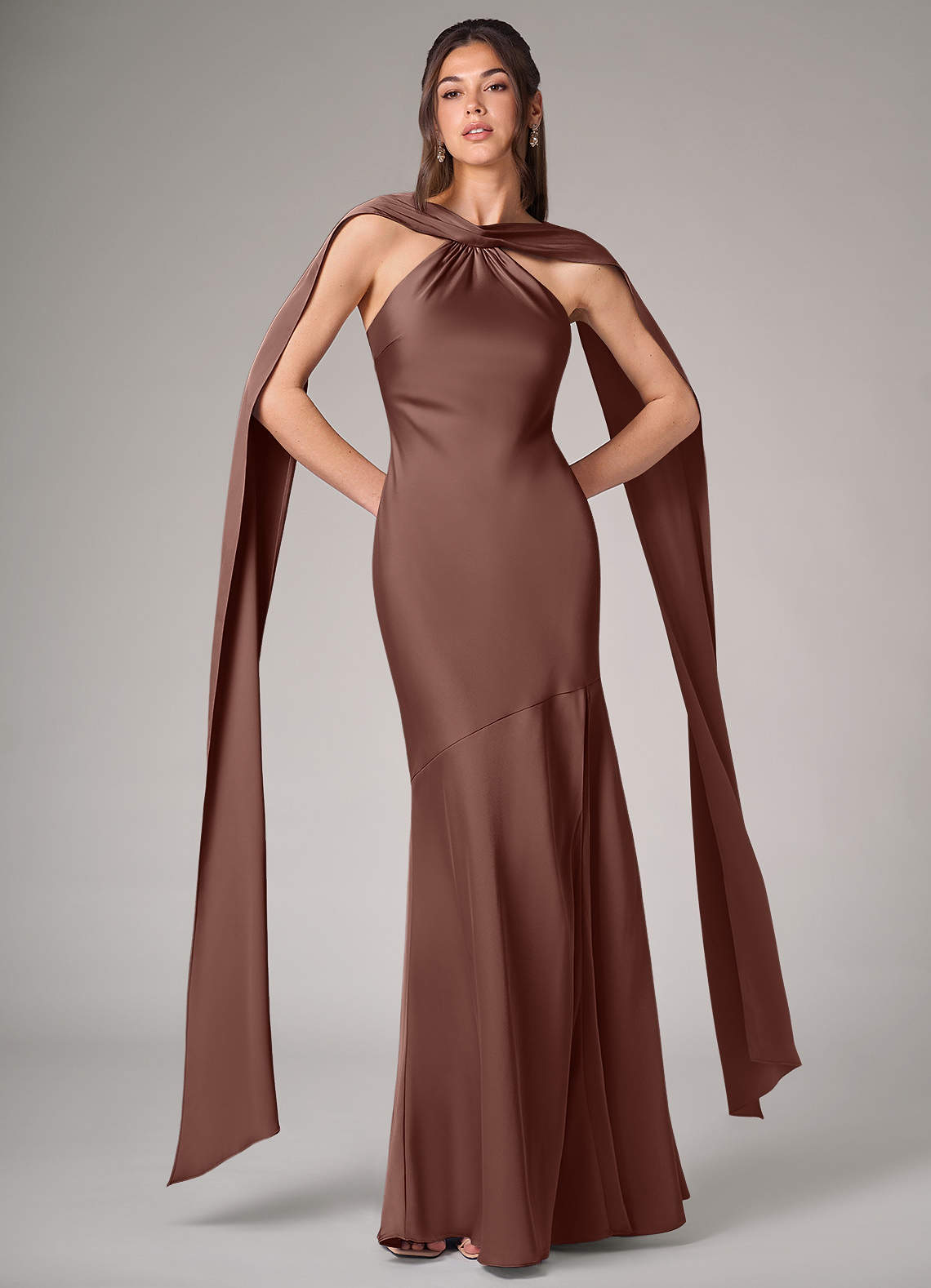Azazie Kinsley Bridesmaid Dresses Espresso Mermaid Side Slit Stretch Satin Dress image1