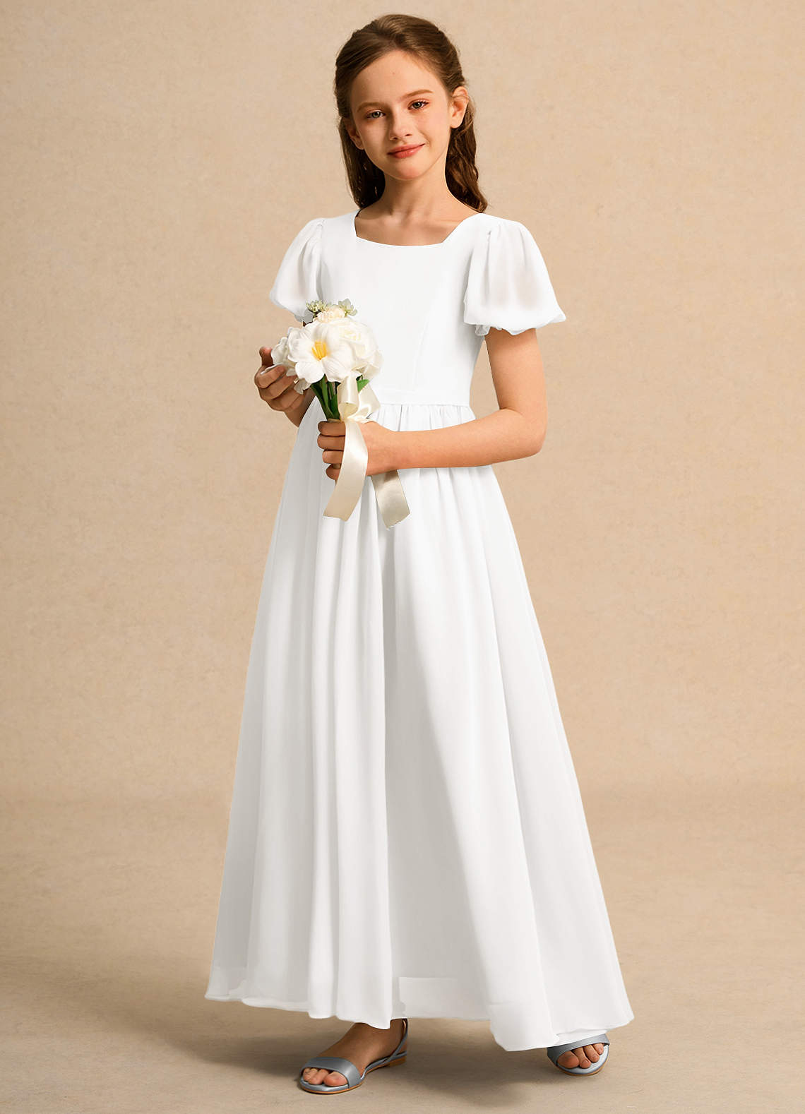 Azazie Lilia Girls Formal Kukkatyttöjen mekot A-linja hihoilla Sifonki Nilkan pituus Pukeutua image2
