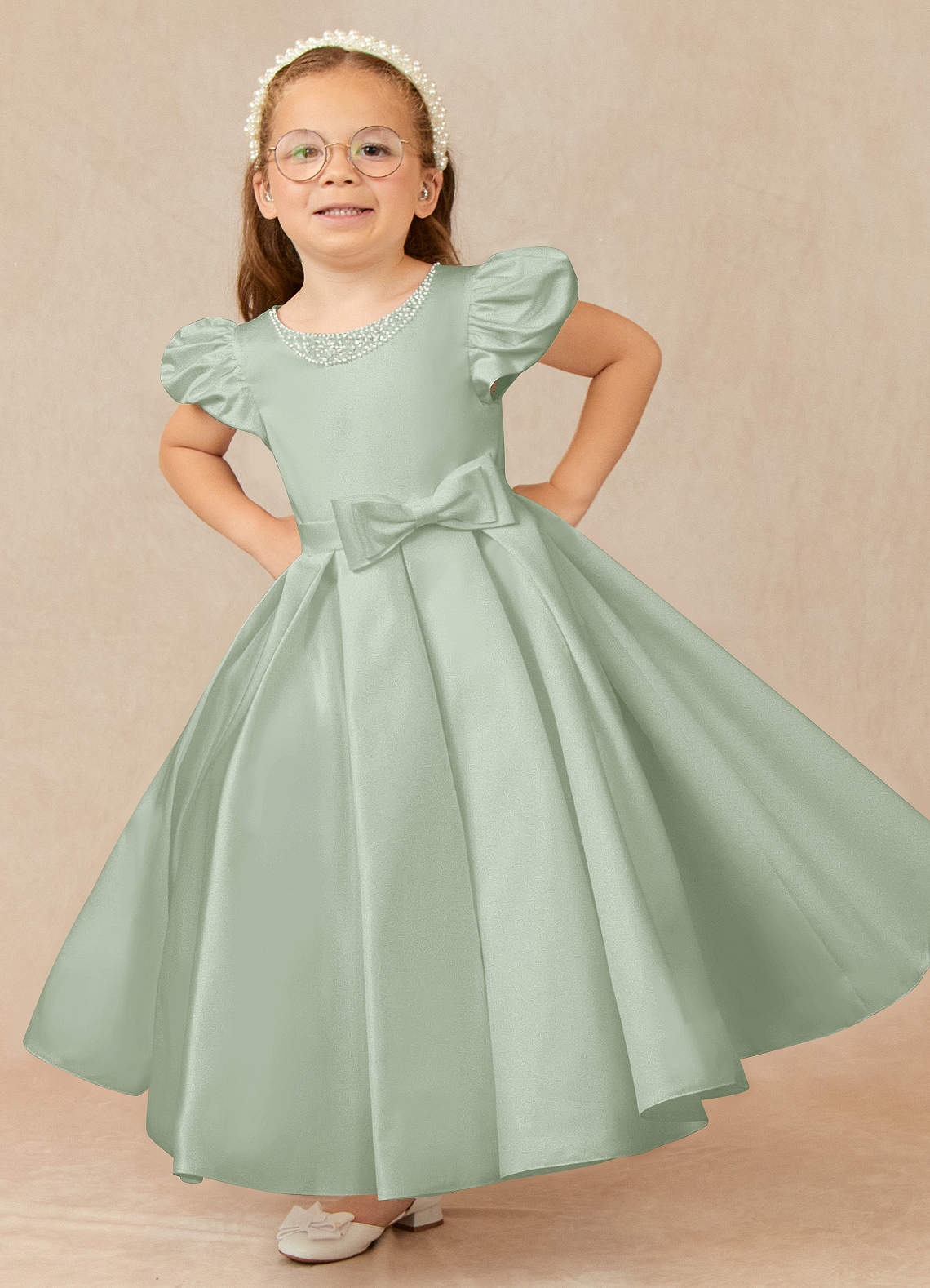 Azazie Jewel vestidos de niña de las flores Vestido de Agave de Satin Mate de Vestido de gala con Plisado image1