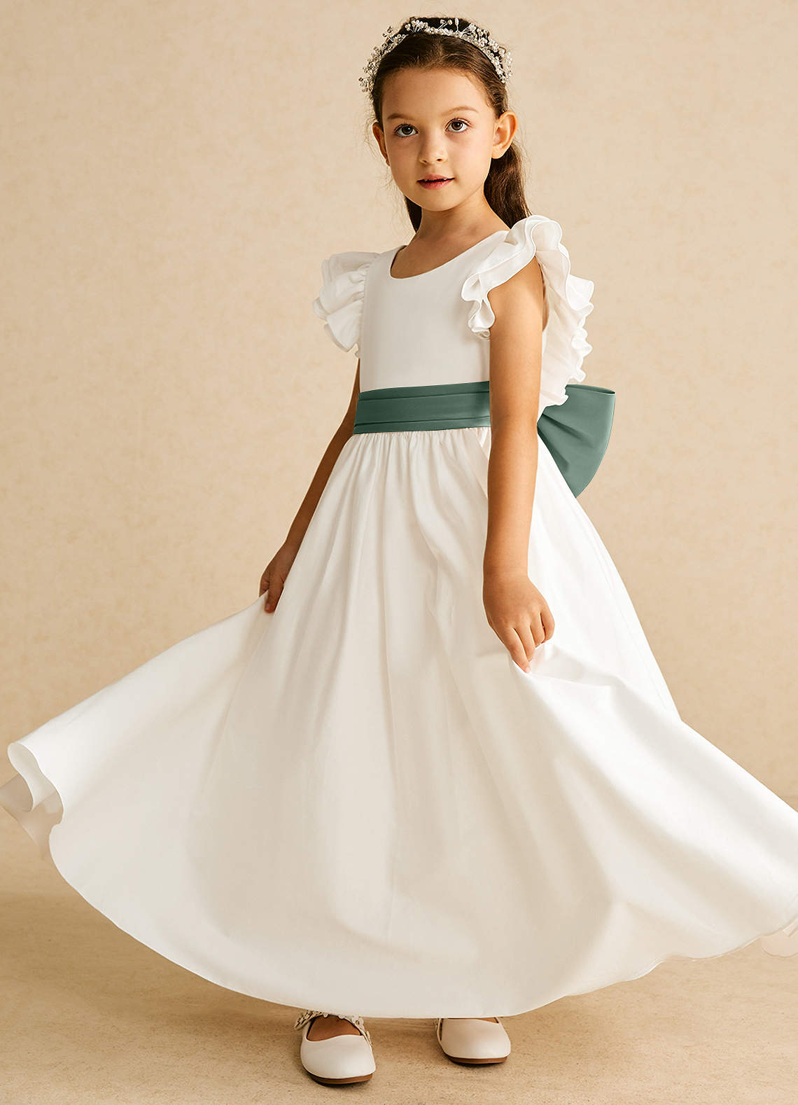 Azazie Aero Flower Girl Dresses Ivory Eucalyptus A-Line Pleated Cotton Dress image1