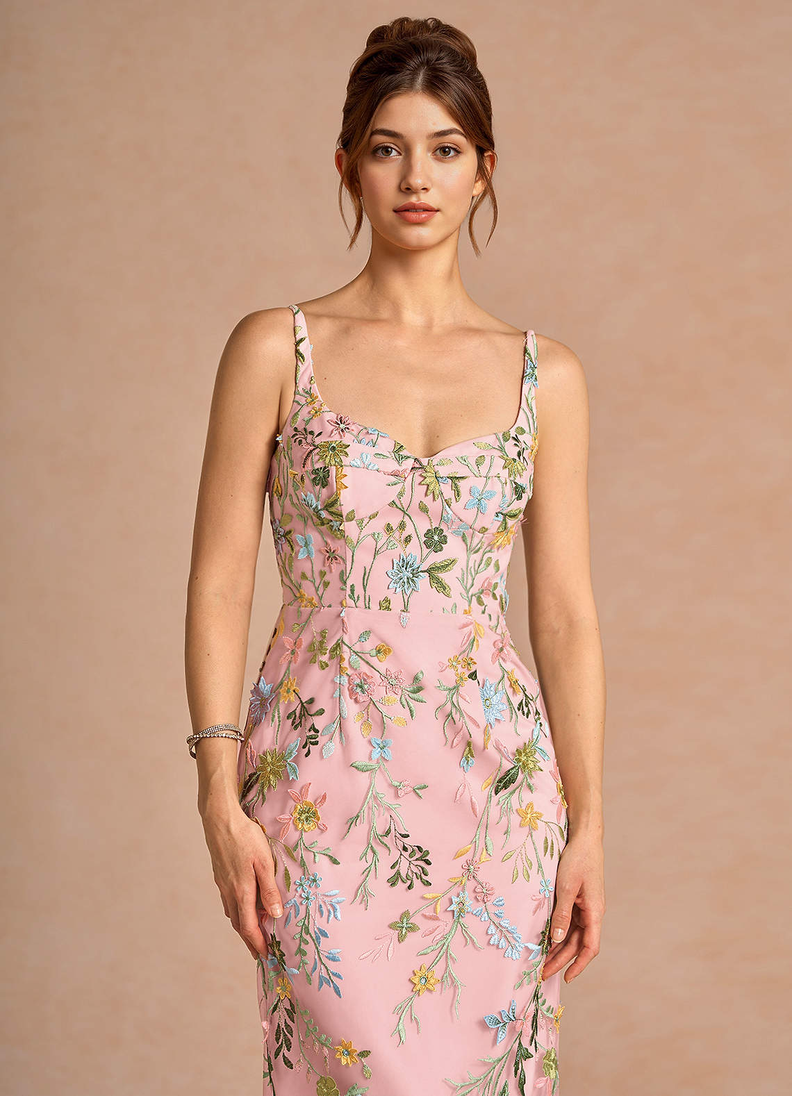 women's pink midi dress Franca Tiered body Azazie Sweetheart Column Embroidery Midi