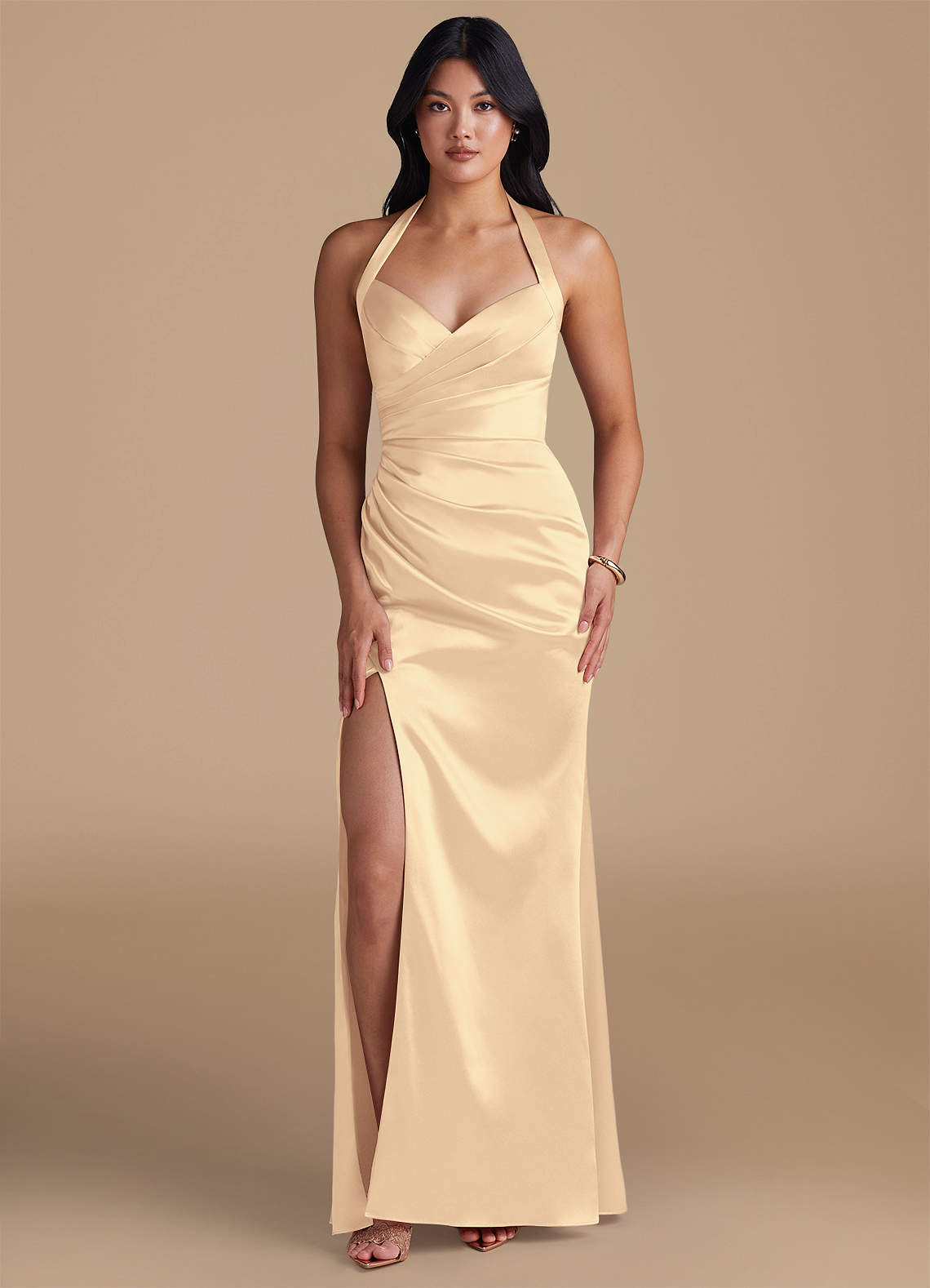 Azazie Emeria Bridesmaid Dresses Gold Sheath Side Slit Metallic Satin Dress image1