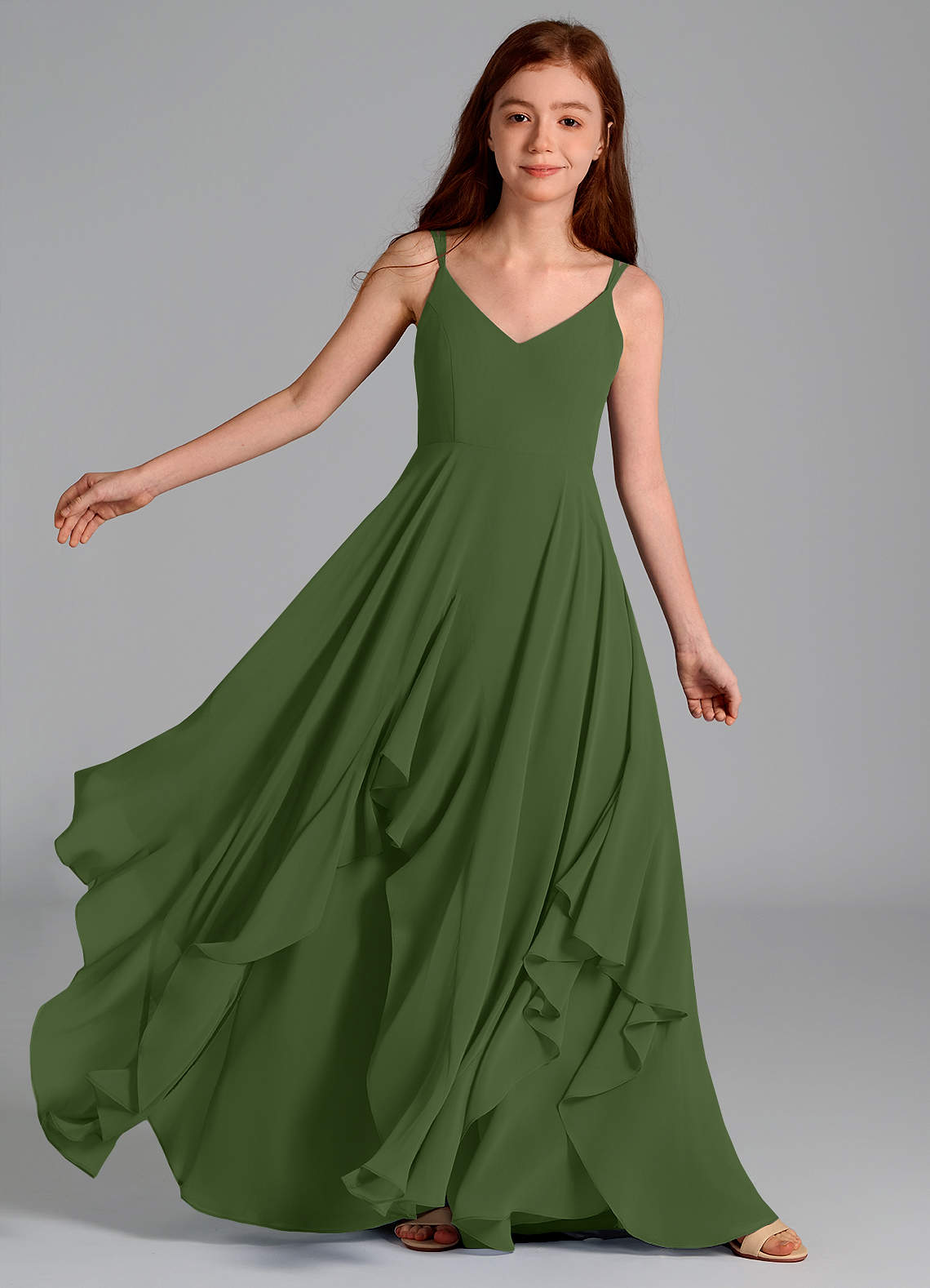 Azazie Karan Junior Olive A-Line Chiffon Dress image1