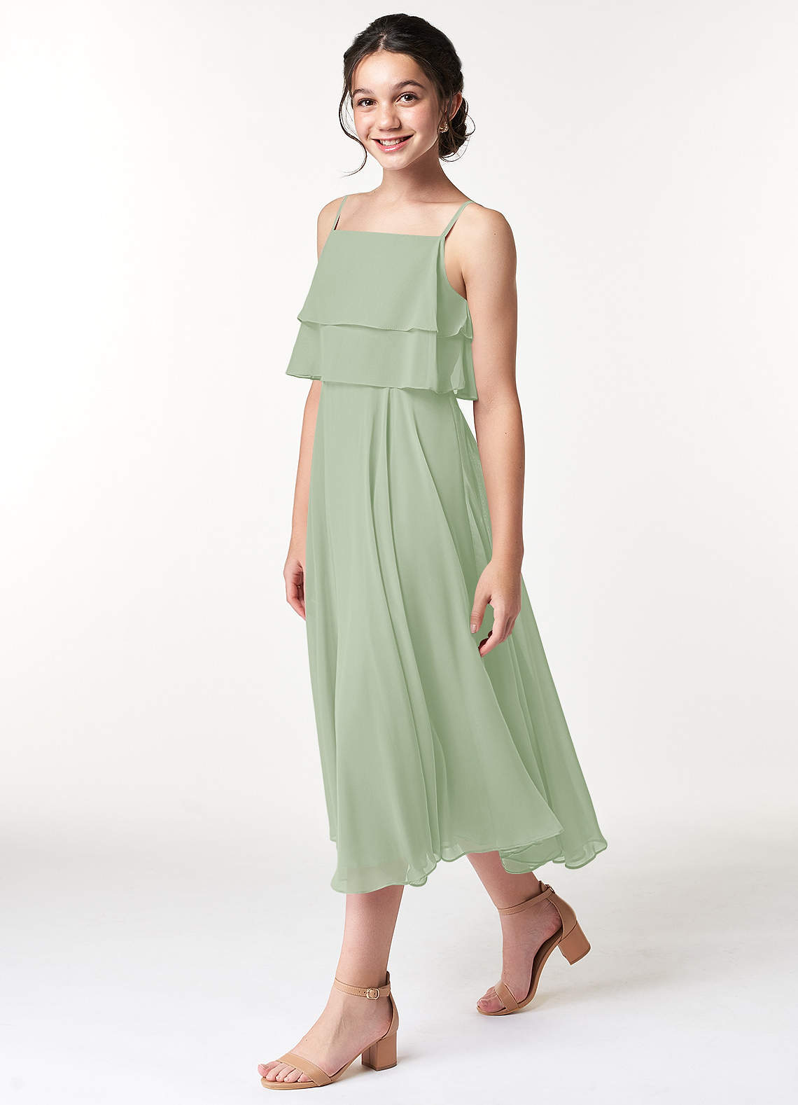 Azazie Ensley Junior Abito A-Line in Chiffon Plissettato Verde Salvia image2