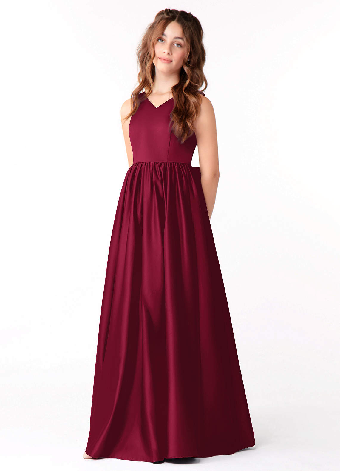 Azazie Hathaway Junior Burgundy A-Line Bow Stretch Satin Dress image2