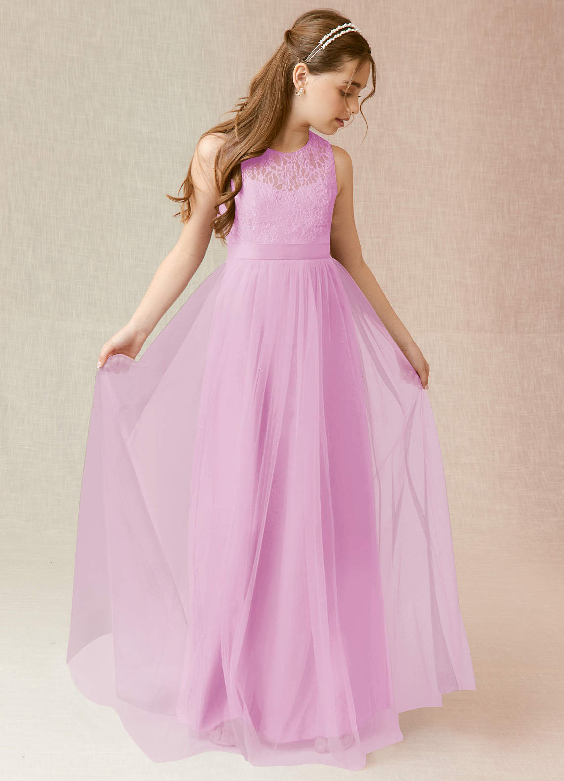 Azazie Georgette Junior Candy Pink A-Line Lace Tulle Dress image1