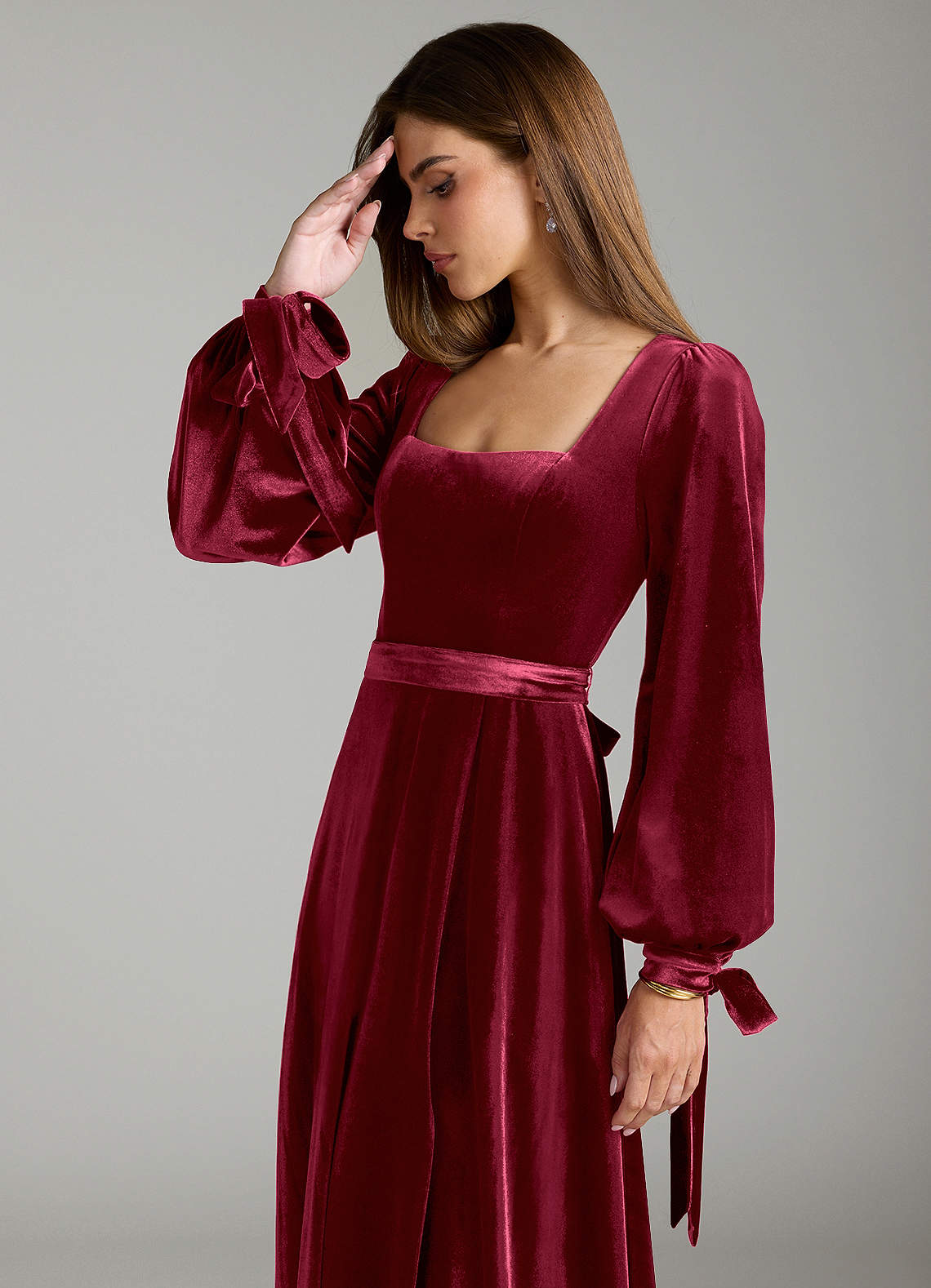 Azazie Leonia Bridesmaid Dresses Burgundy A-Line Long Sleeve Velvet Dress image5