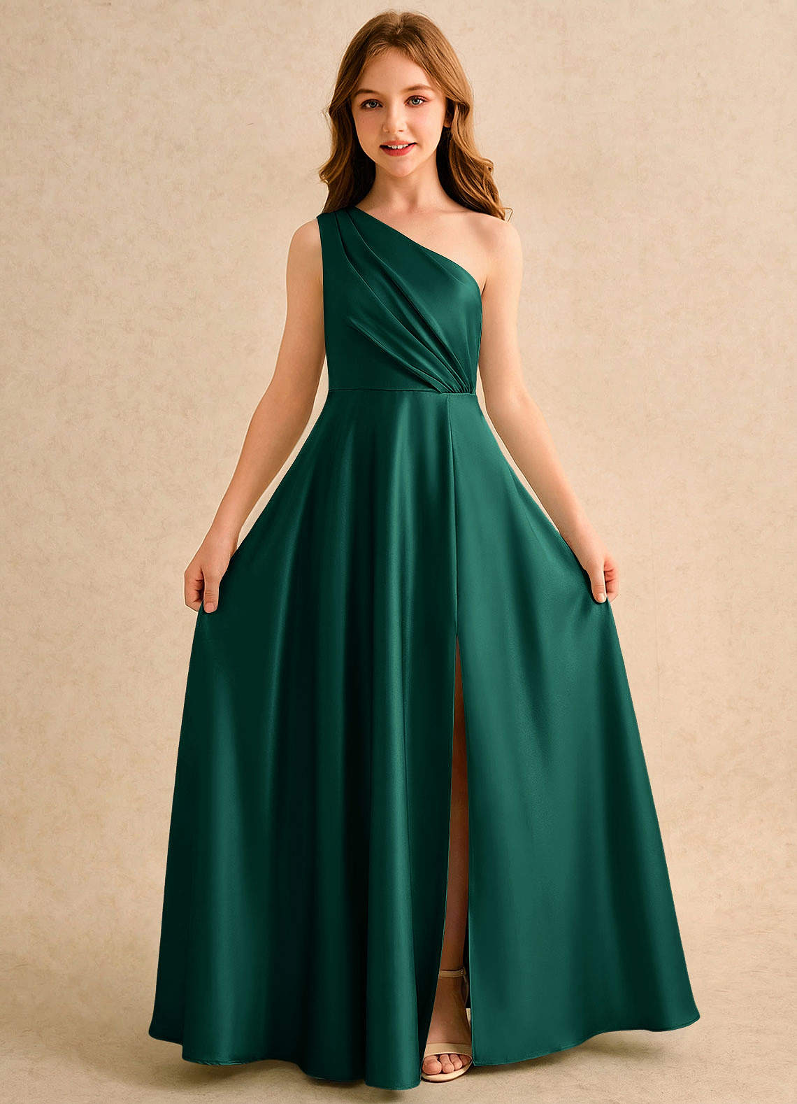 Azazie Puddles Girls Formal Flower Girl Dresses Emerald A-Line One Shoulder Stretch Satin Dress image4