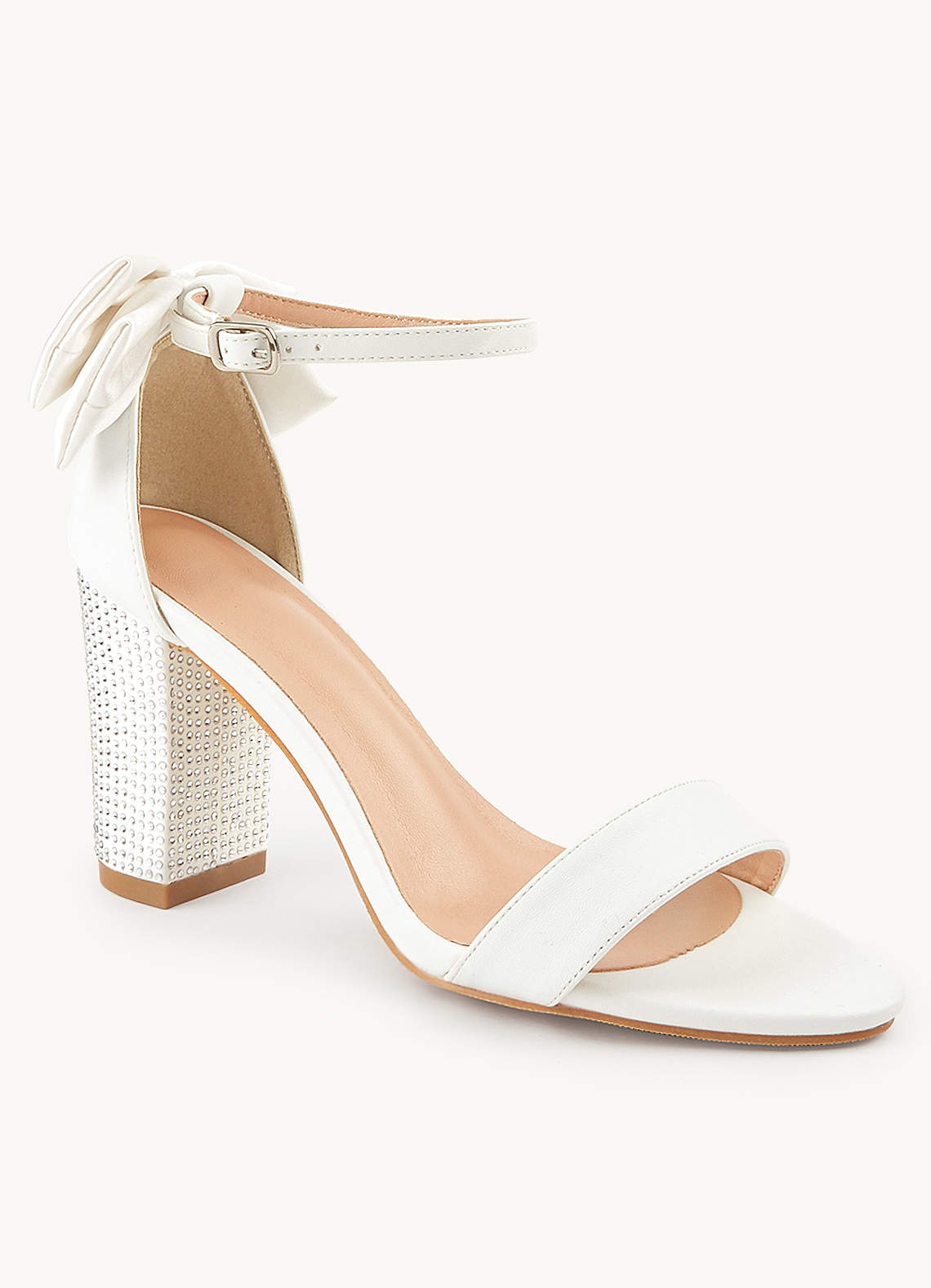 White Satin Bow and Rhinestone Block Heel Sandals Azazie CA