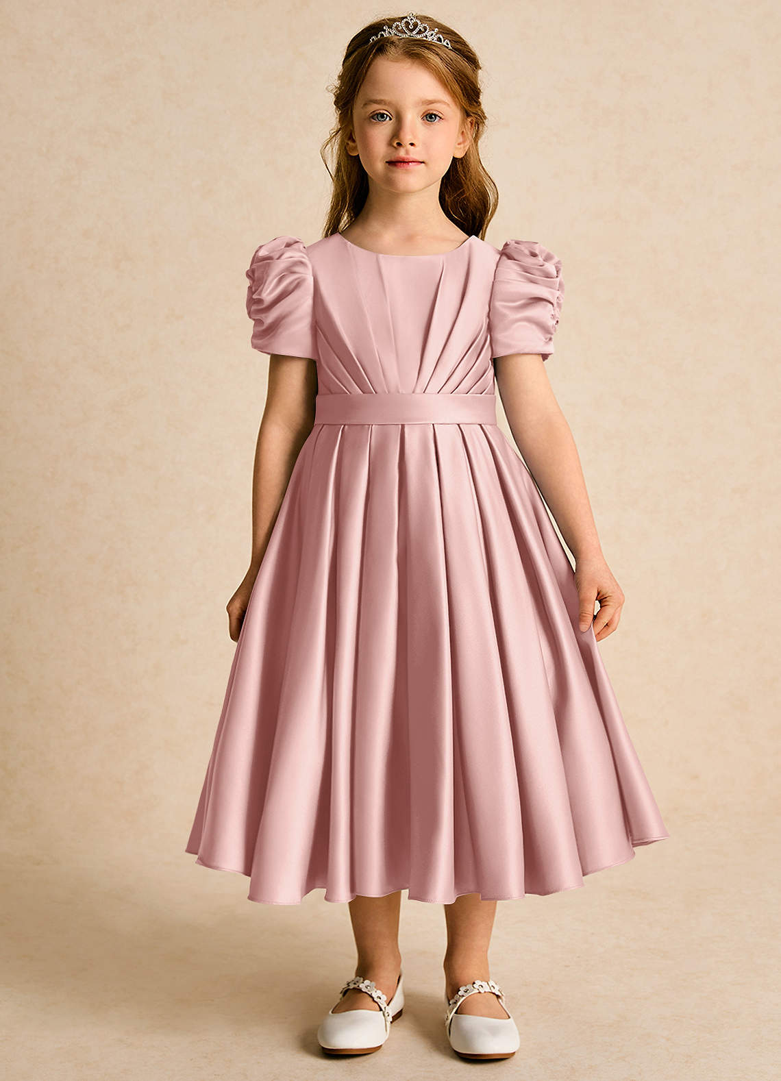 rose gold tea length dresses Azazie Miriam Ball-Gown Pleated Matte Satin Dress tea length dresses