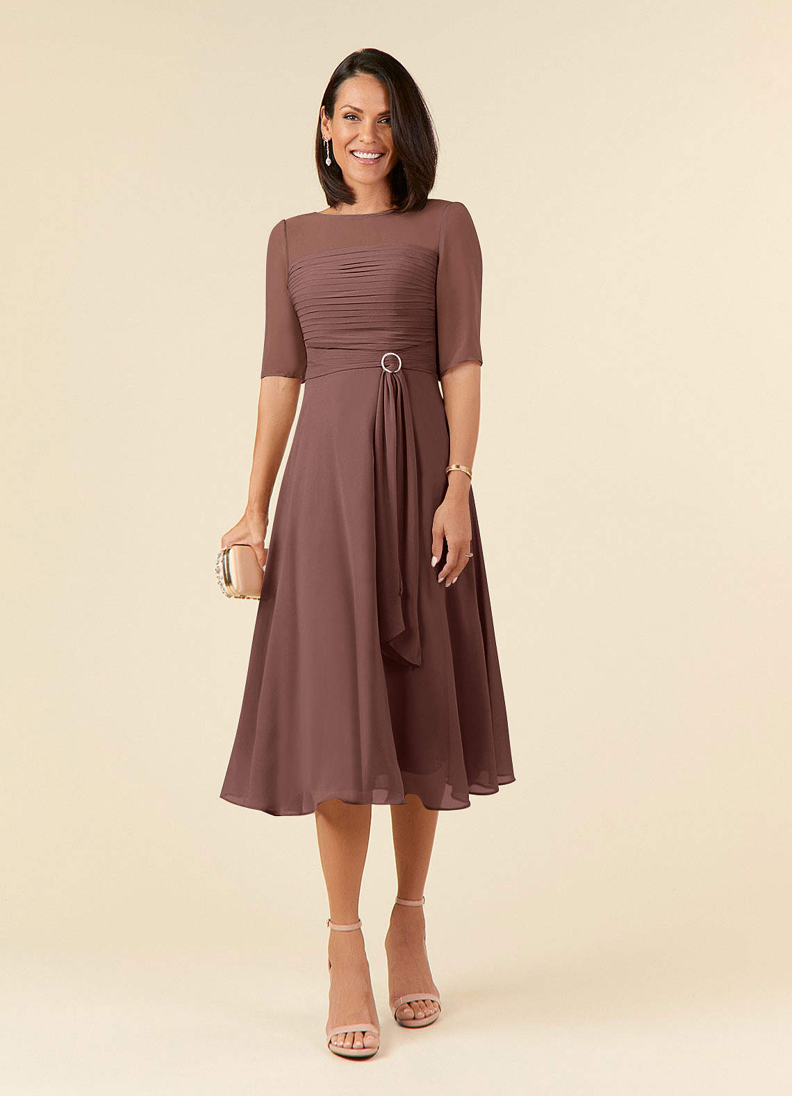 Azazie Naomi Mother of the Bride Dresses Espresso A-Line Boatneck Pleated Chiffon Dress image1