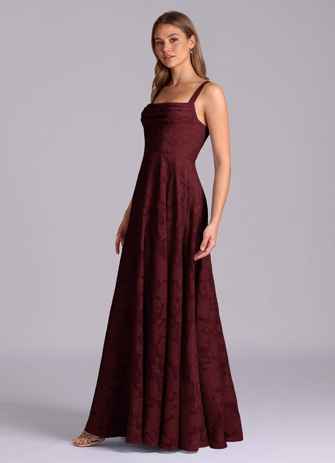 Azazie Shaude Bridesmaid Dresses Cabernet A-Line Pleated Floral Burnout Dress image3