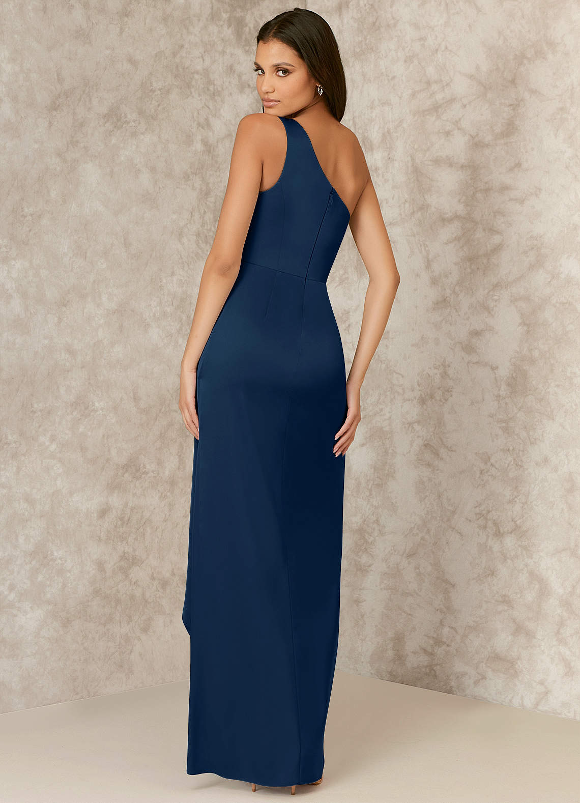 Navy one hot sale shoulder bridesmaid dresses