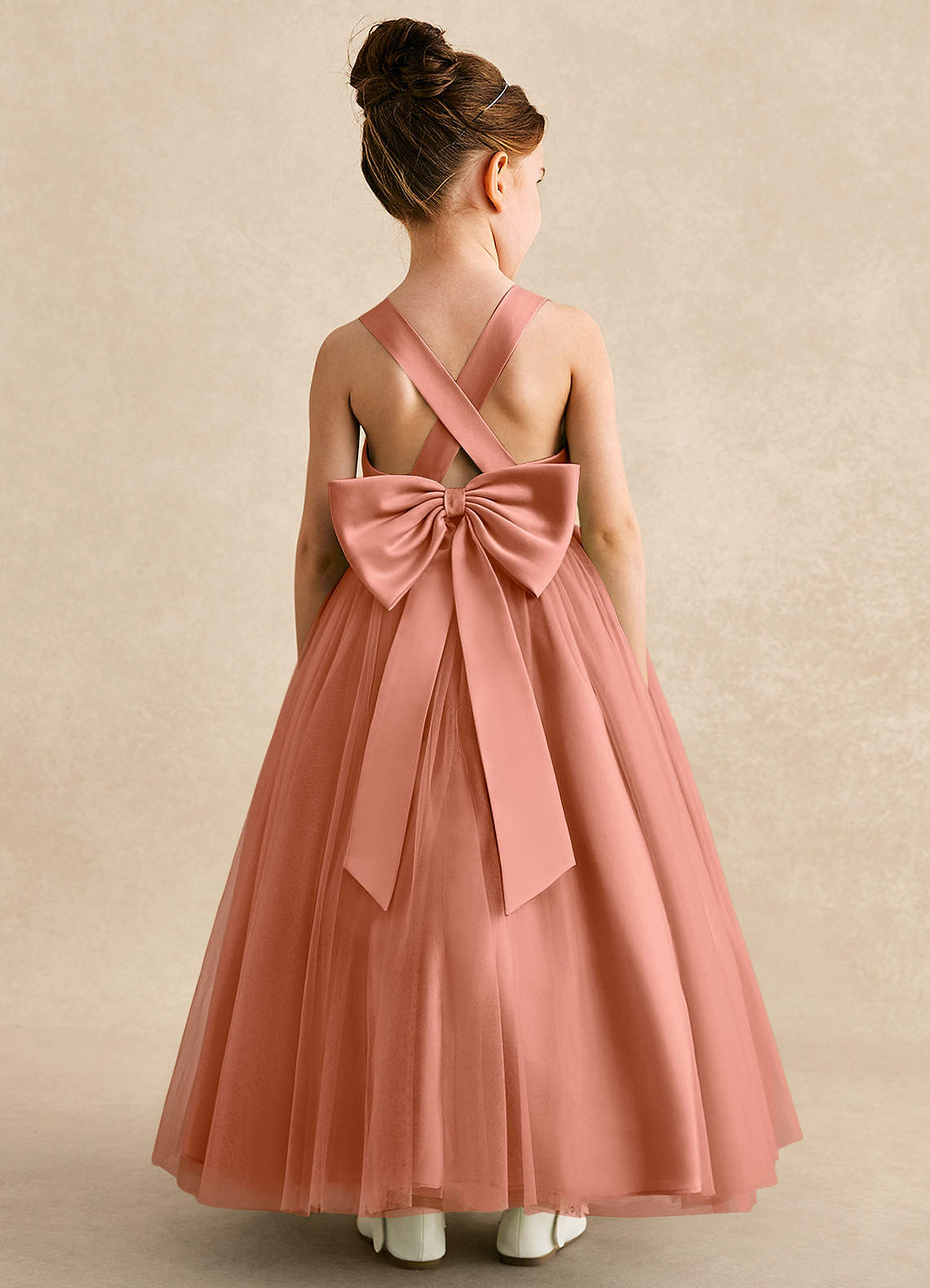 Azazie Peanut Robe Demoiselle D'honneur Fillette Robe Trapèze en Tulle Bretelle Mai Tai image1