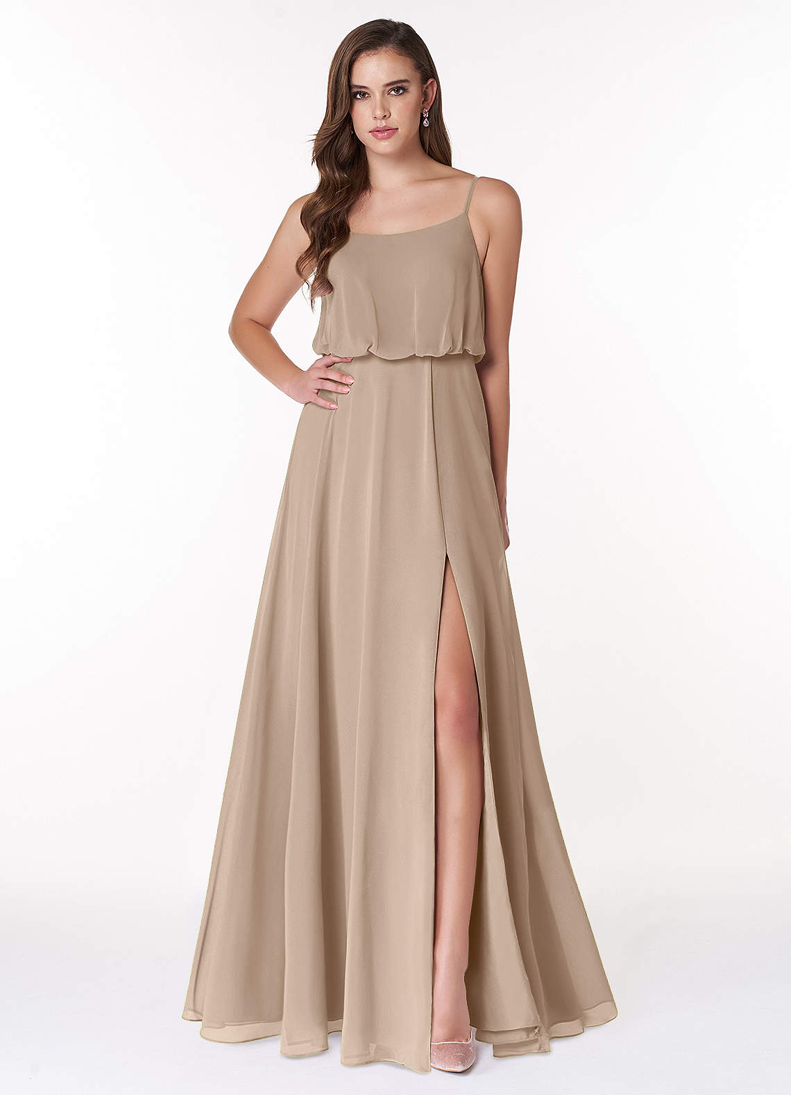 Azazie Lupe Bridesmaid Dresses Taupe A-Line Scoop Blouson Chiffon Dress image1