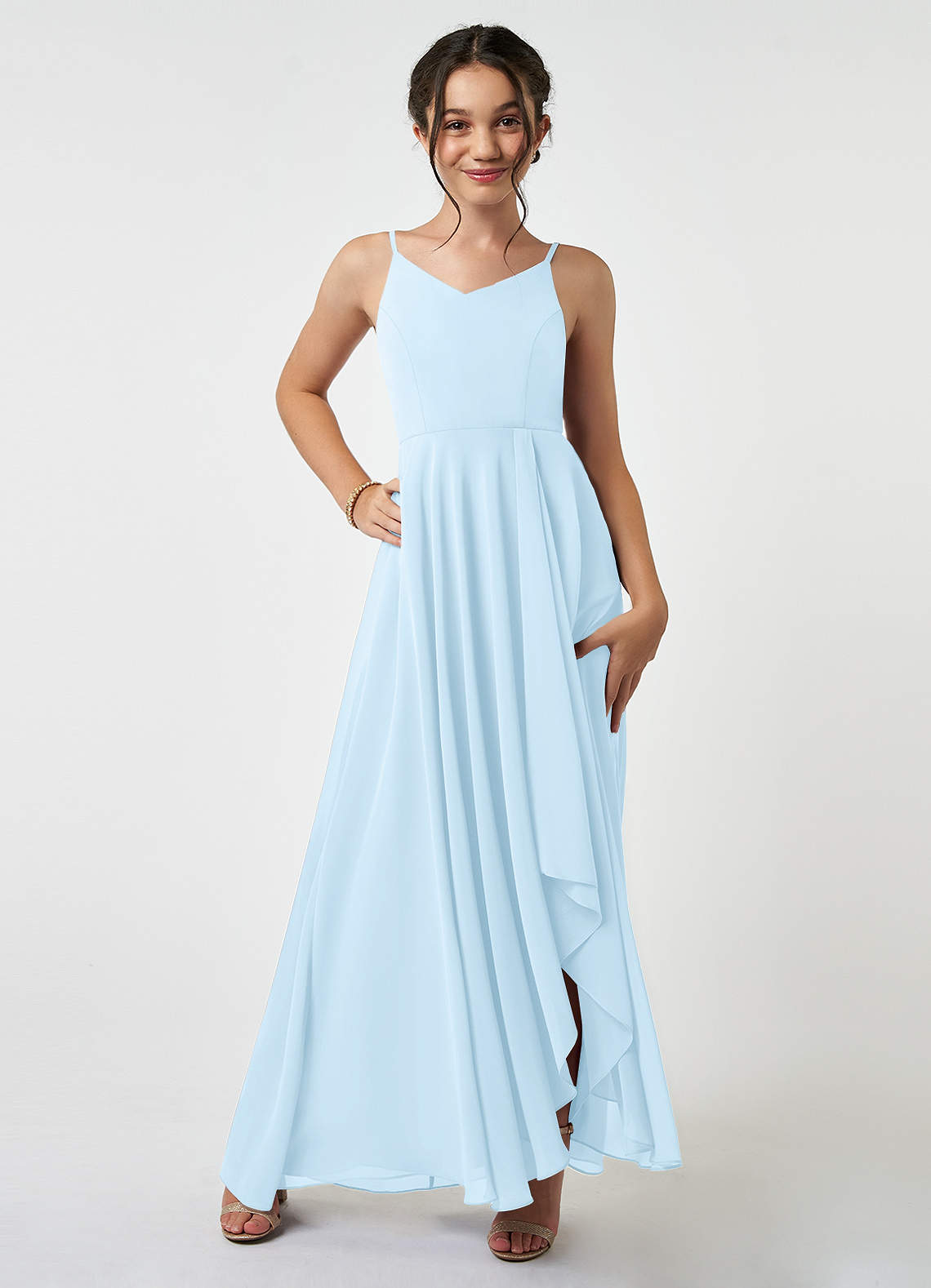 Azazie Collette Junior Sky Blue A-Line Ruched Chiffon Dress image1