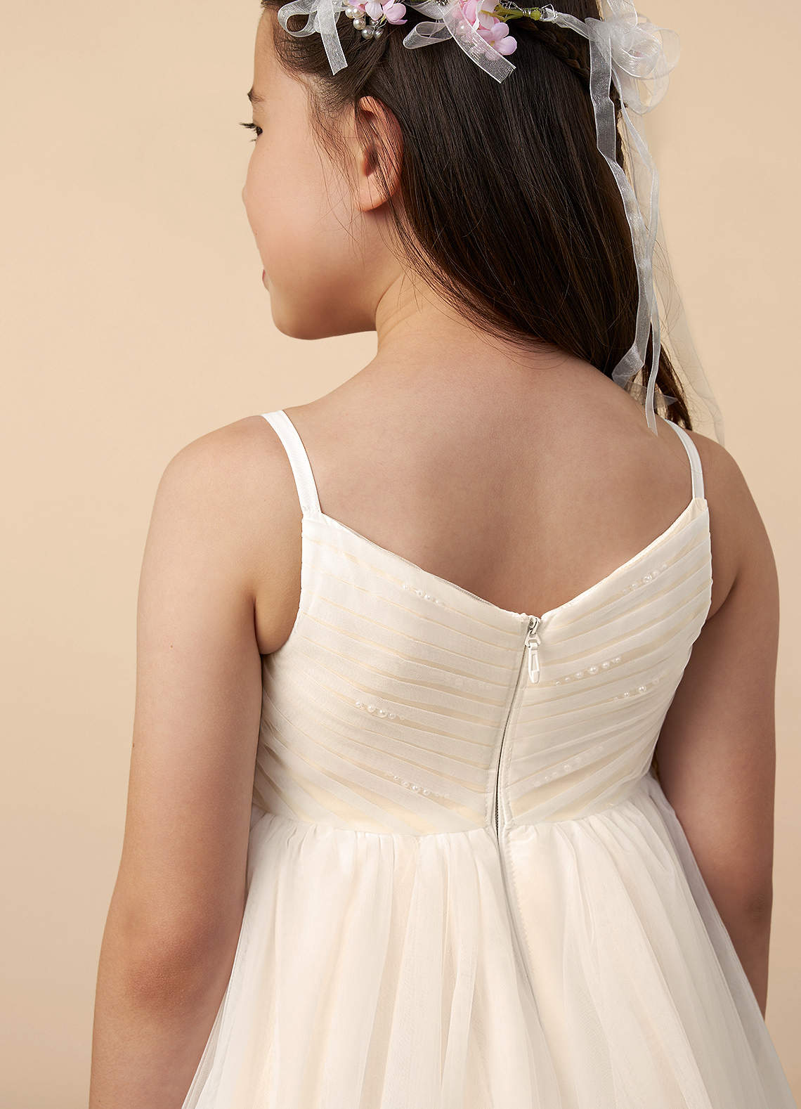 Azazie Amya Flower Girl Dresses Diamond White Champagne A-Line Pleated Tulle Dress image4