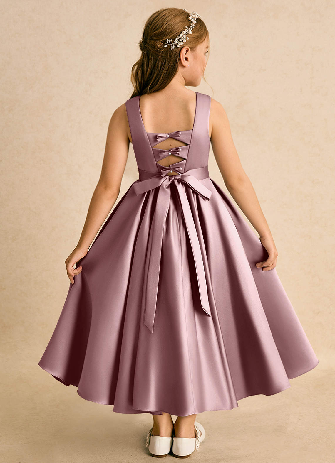 Azazie Junebuj vestidos de niña de las flores Vestido de Rosa Polvorienta de Satin Mate de Princesa con Plisado image1