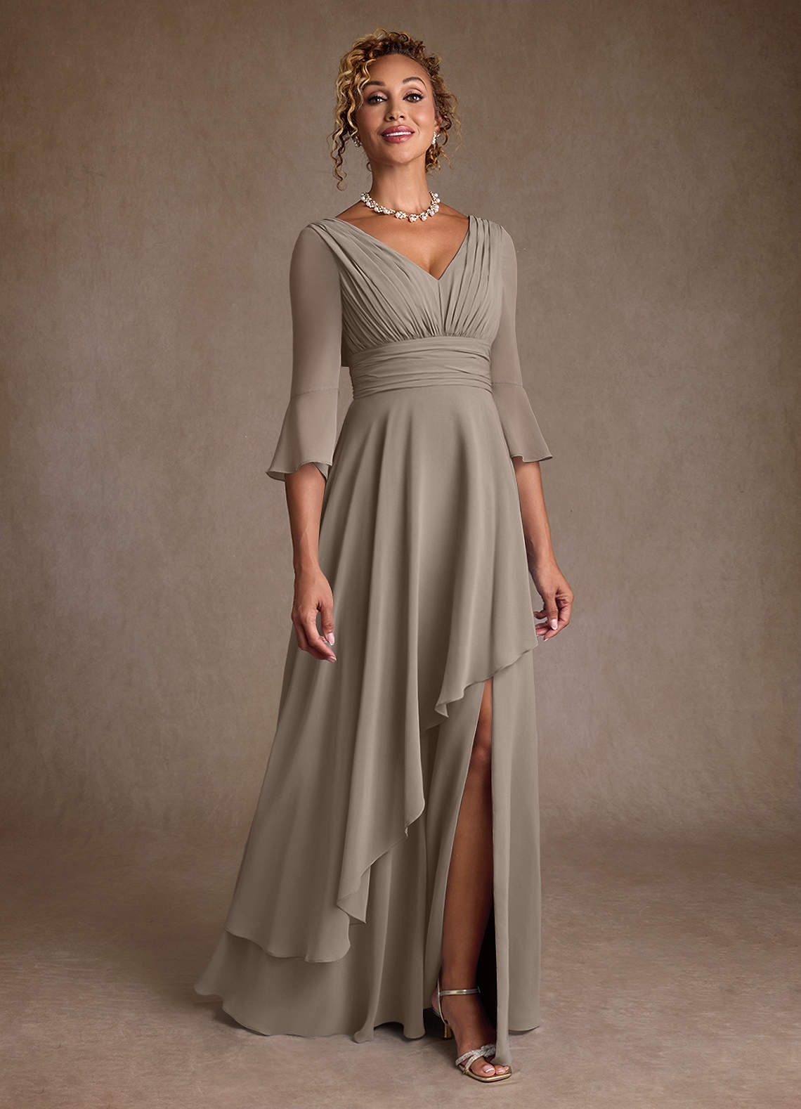 Azazie Eire Mother of the Bride Dresses Taupe A-Line Pleated Chiffon Dress image1