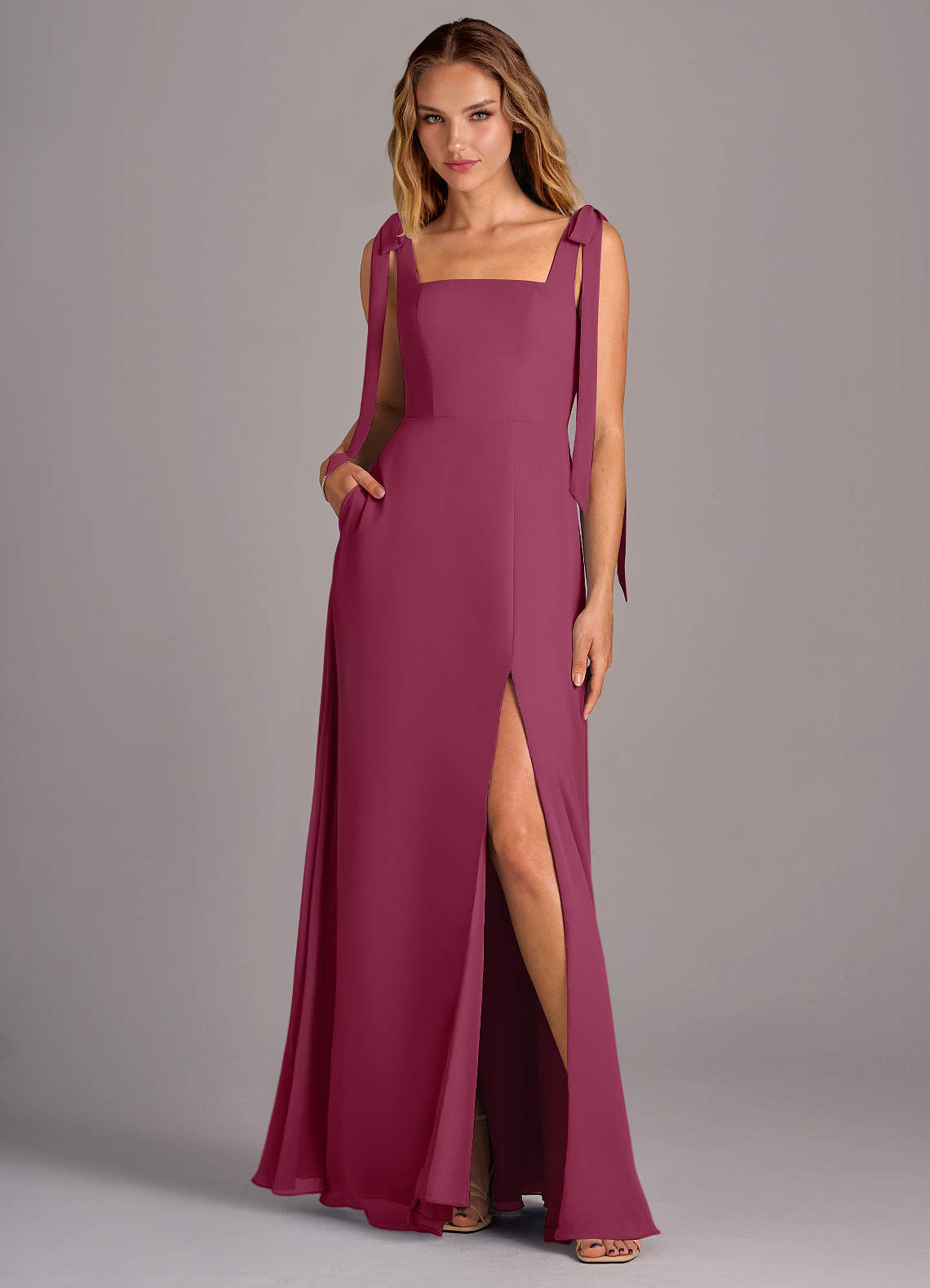 Azazie Debra Bridesmaid Dresses Mulberry A-Line with Pockets Chiffon Convertible Dress image1