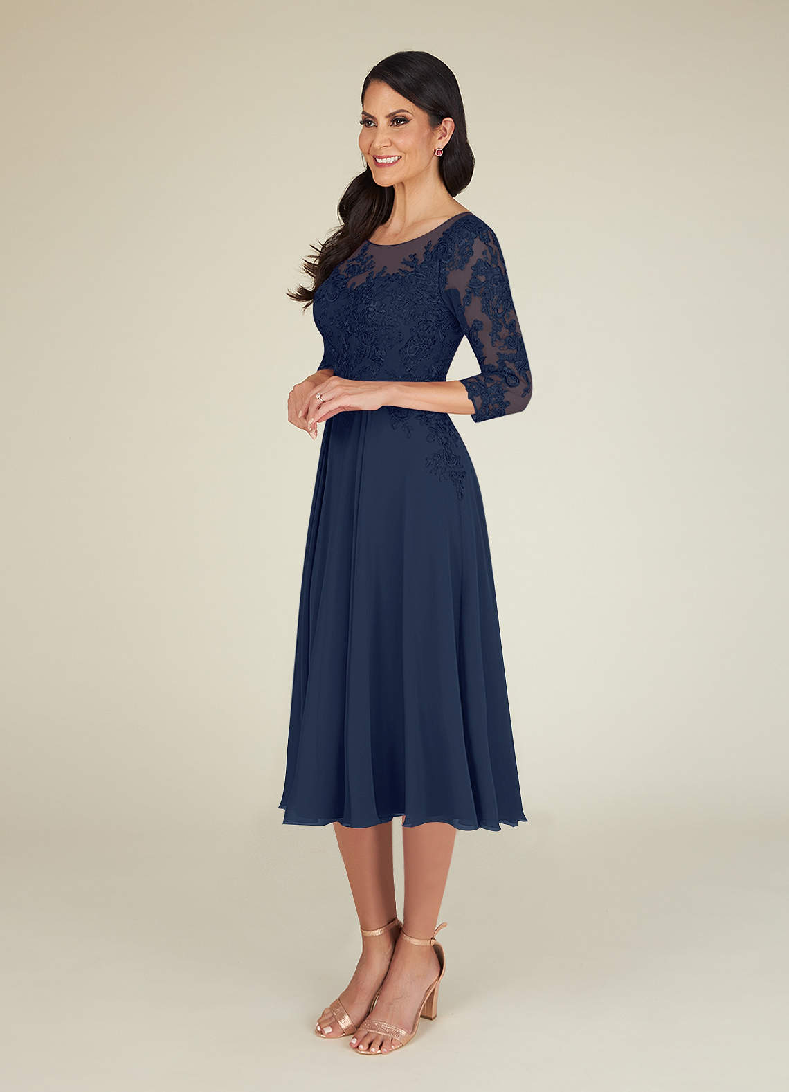 A-Line Scoop Flutter Sleeves Chiffon Tea-length Dress Orchid