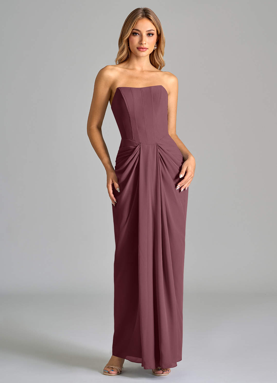 Azazie Anaïs Bridesmaid Dresses Sangria Sheath Strapless Chiffon Dress image1