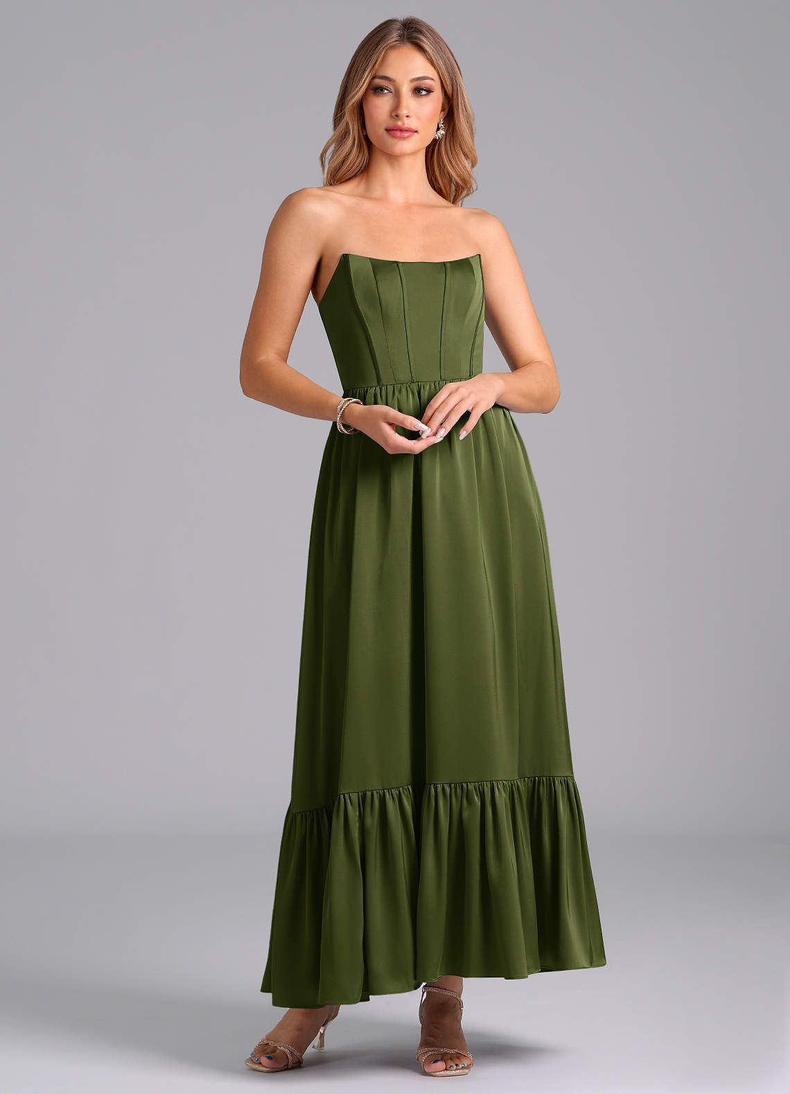 Azazie Leilana Bridesmaid Dresses Olive A-Line Corset Stretch Satin Dress image1