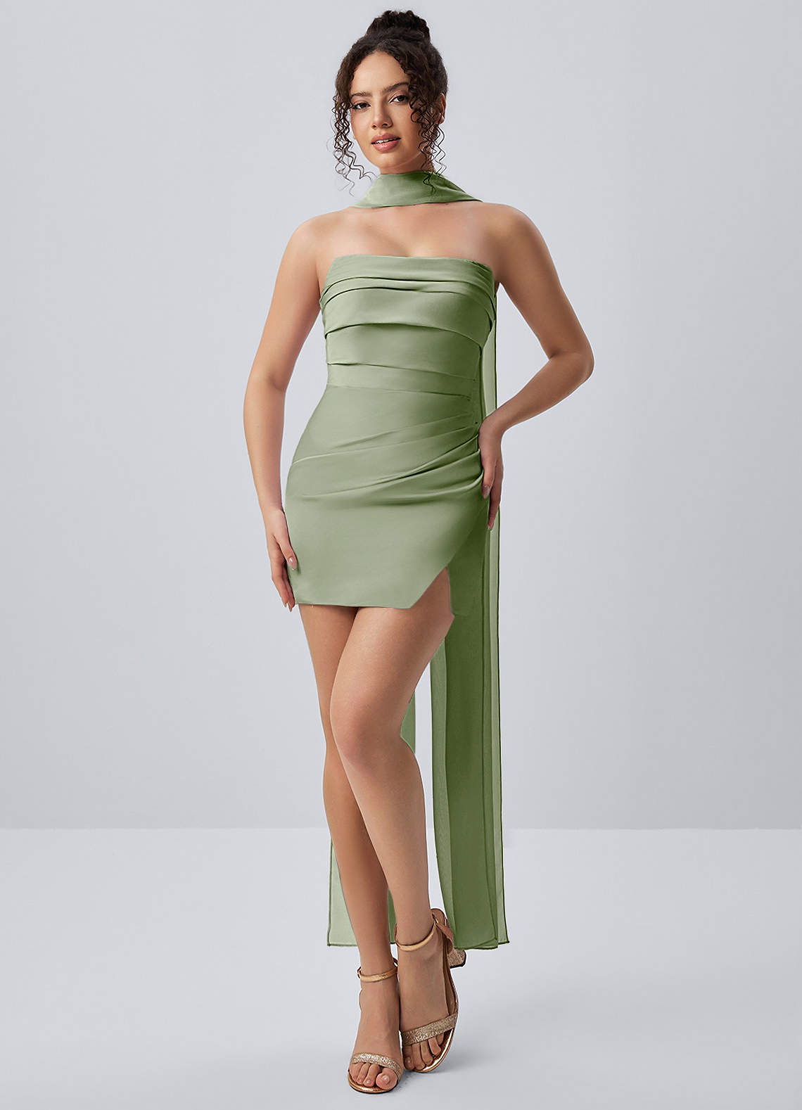 light green silk mini dress Honorine Strapless Satin Draped Lace-Up Slit Prom and Homecoming Dresses Ulla johnson