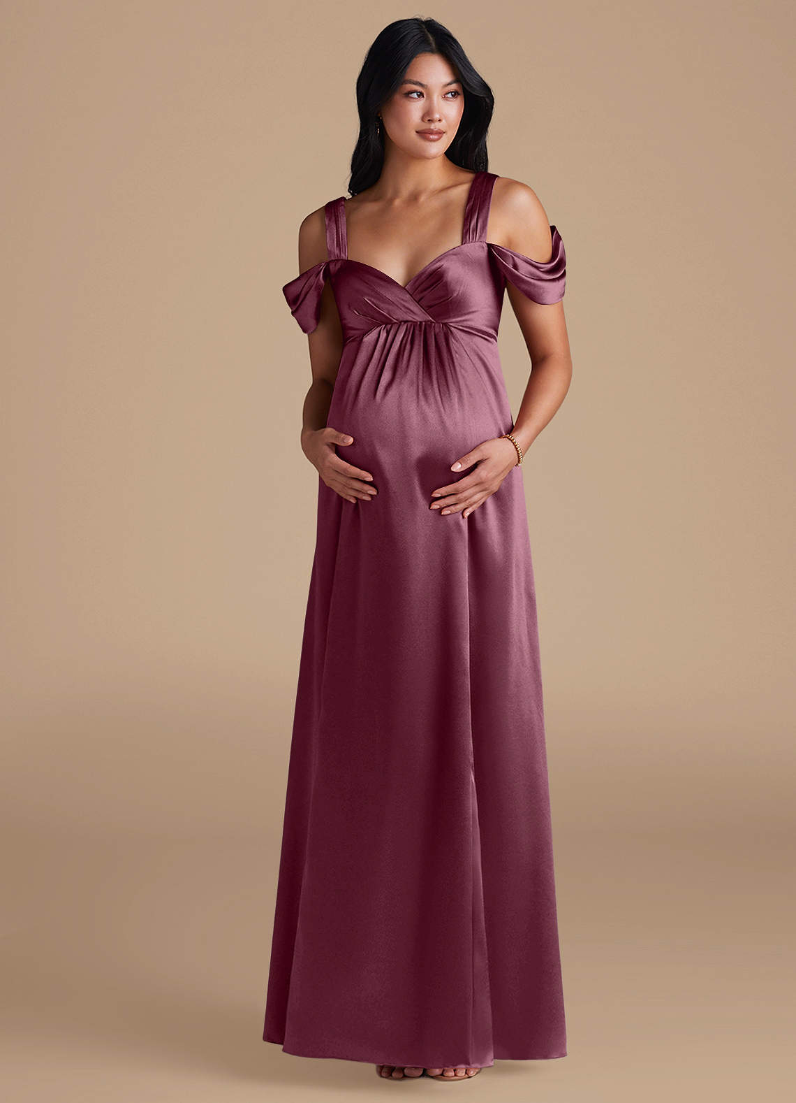 Azazie Rhea vestidos de dama de honor de maternidad Vestido de Corte En A Plisado Hasta el suelo Satén Metálico image5