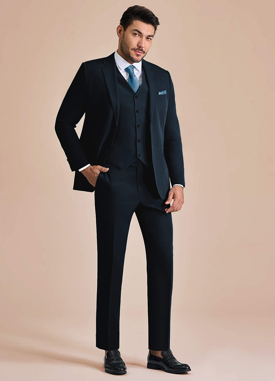 『TSJ SUITS 3P NAVY L』 James Navy Blue Structured Stretch 3-piece suit | Suit Sets |Azazie