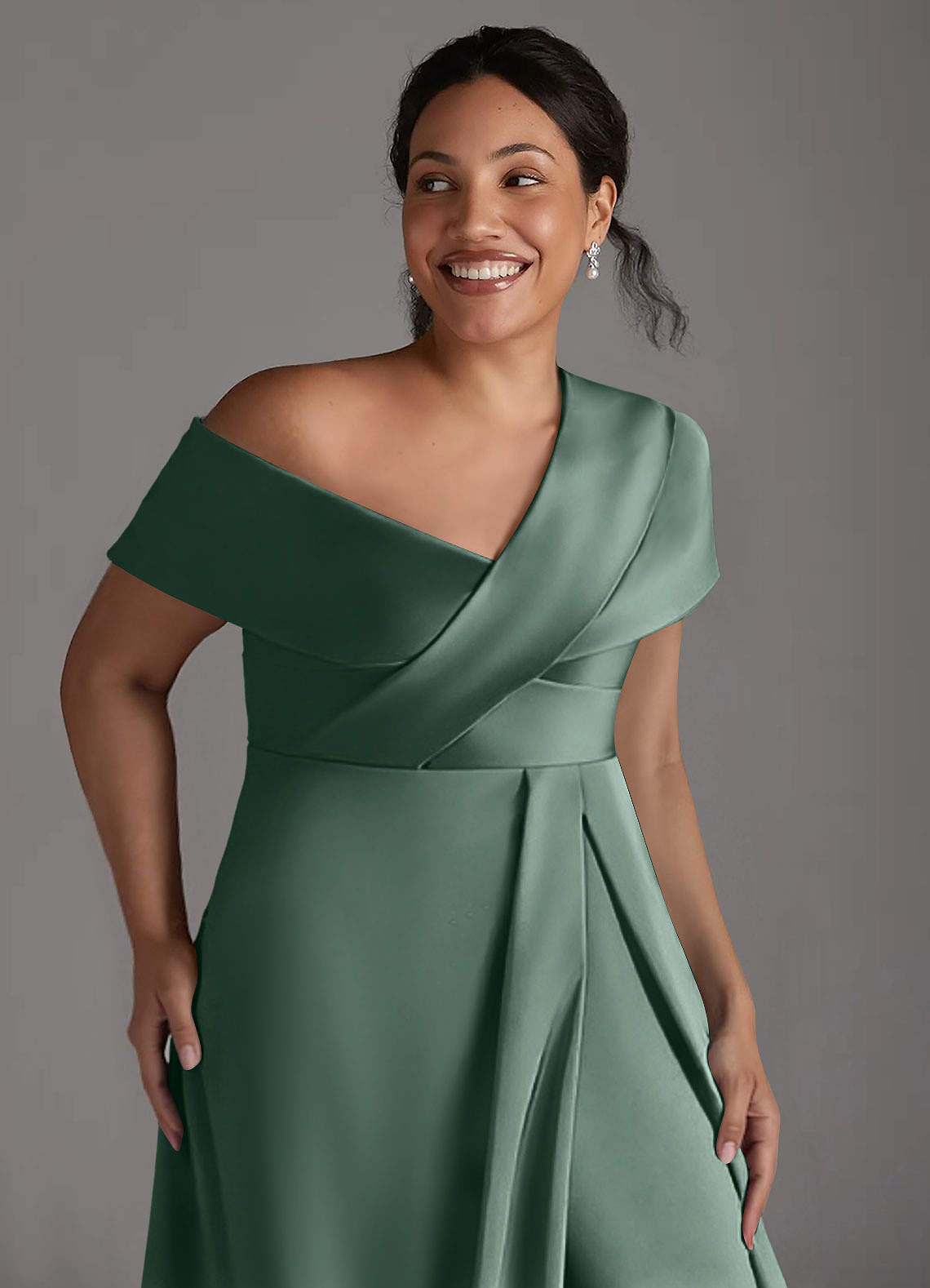 Azazie Milton Vestidos para mãe da noiva Vestir Eucalipto de Cetim elástico de Linha A com Plissado image12