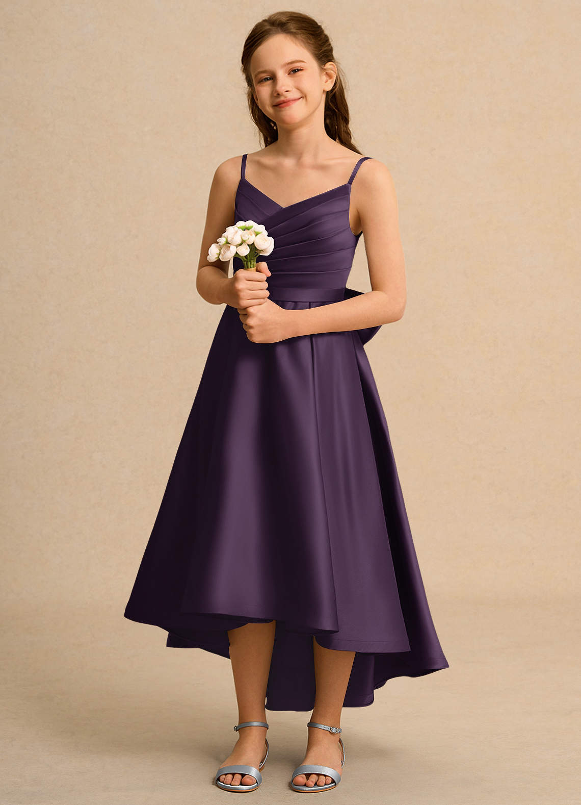 Azazie Sweets Junior Formal vestidos de niña de las flores Vestido de Ciruela de Satin Mate de Corte En A con Plisado image1