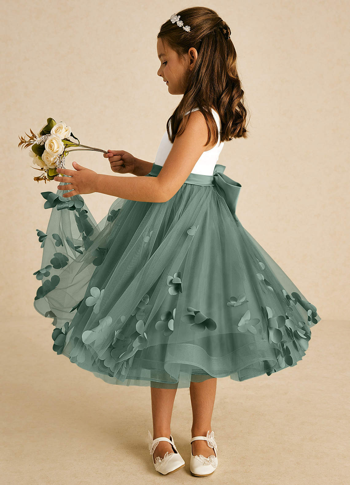 Azazie Sprout Flower Girl Dresses Eucalyptus A-Line Bow Tulle Dress image3