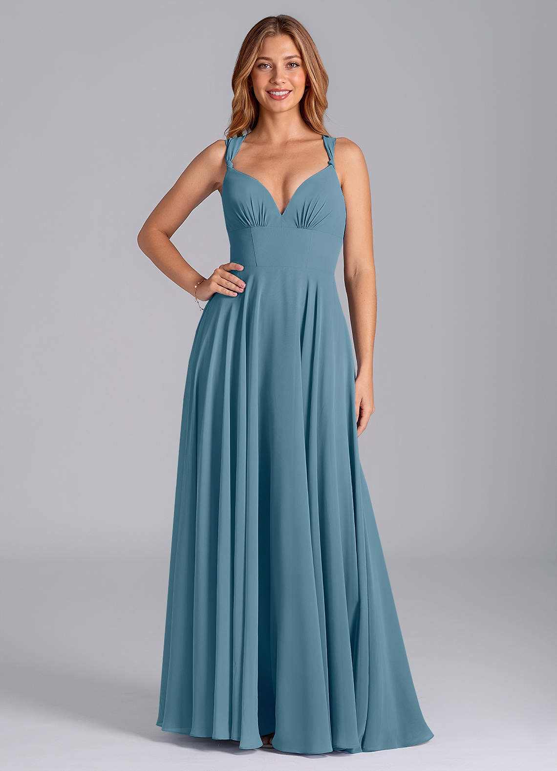 Azazie Darana Brautjungfernkleider A-Linie Korsett Chiffon Kleid Bermudablau image1