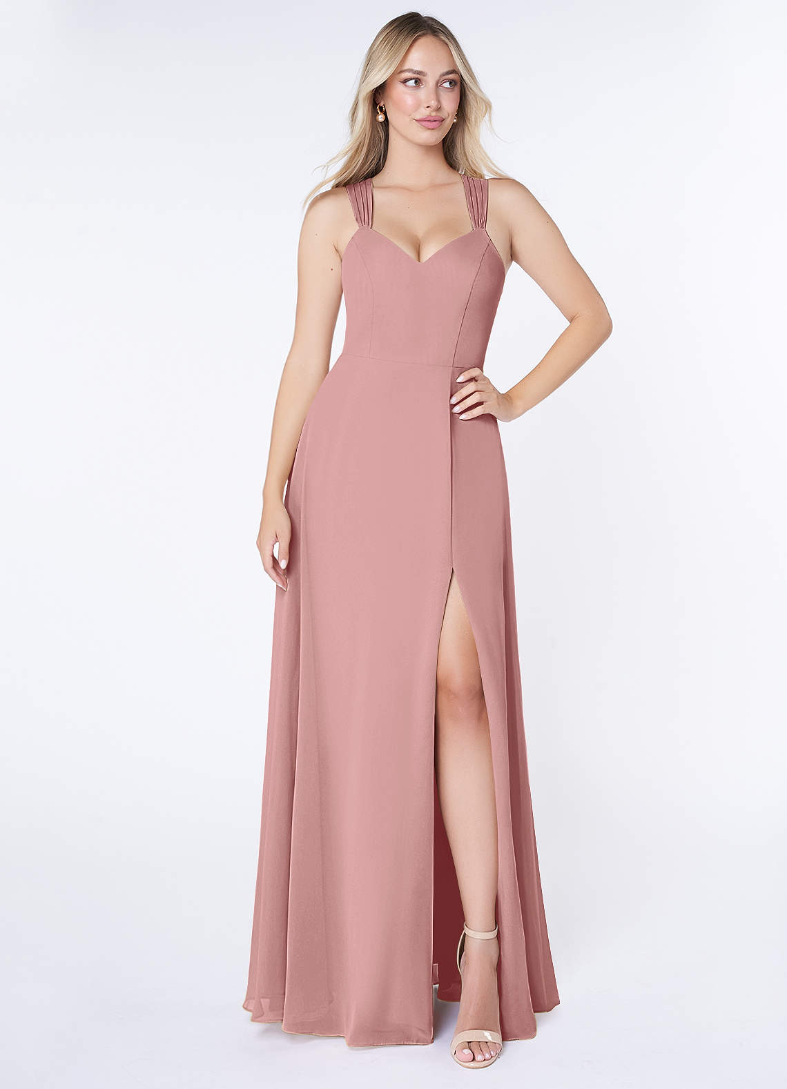 Azazie Jane Vestidos de damas de honor Vestido de Rosa Polvorienta de Gasa de Corte en A con Cuello en V plisado image1