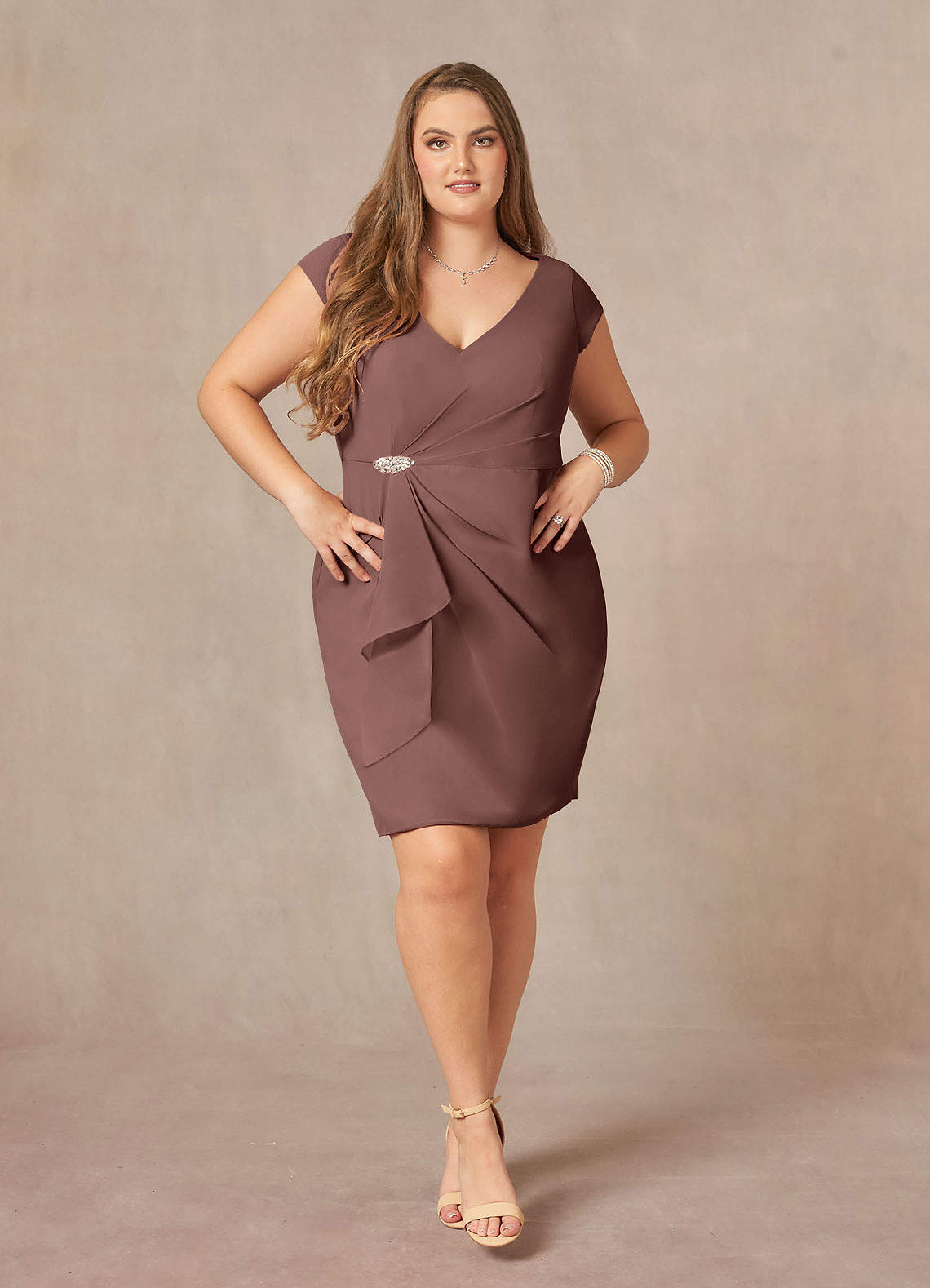 Azazie Nola Mother of the Bride Dresses Espresso Sheath V-Neck Pleated Chiffon Dress image1