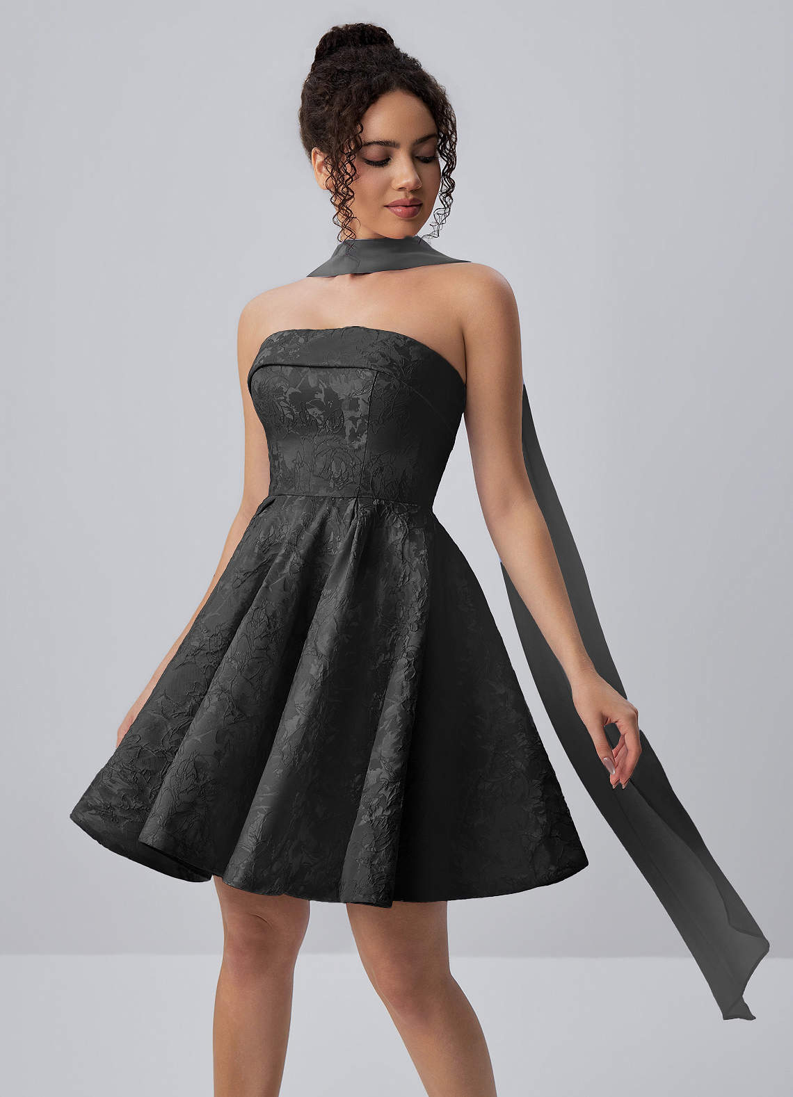 chiffon black mini dress Calistabella A-Line Jacquard voluminous upper half