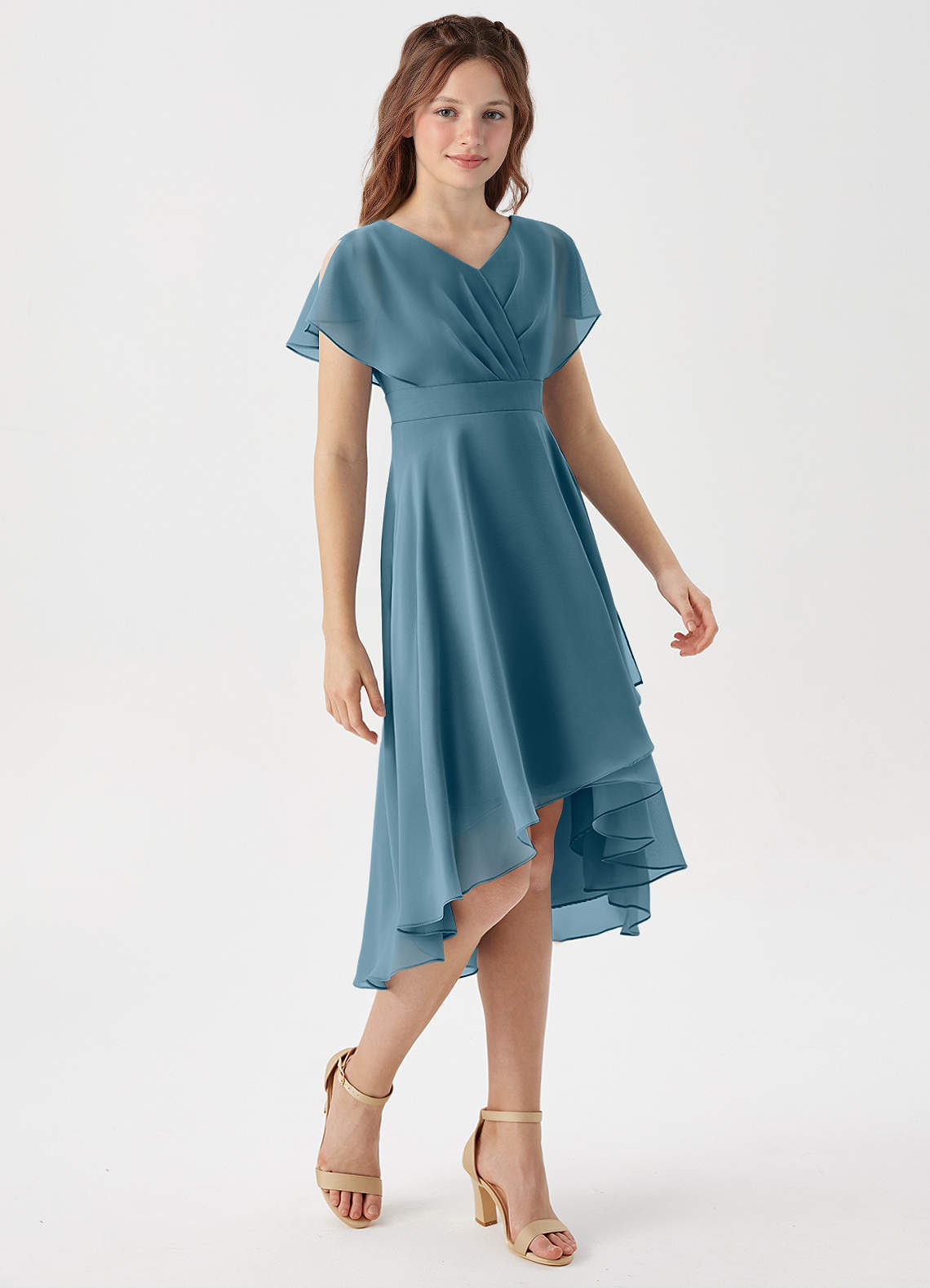 Azazie Graciela Junior A-Linie Plissee Chiffon Kleid Bermudablau image4