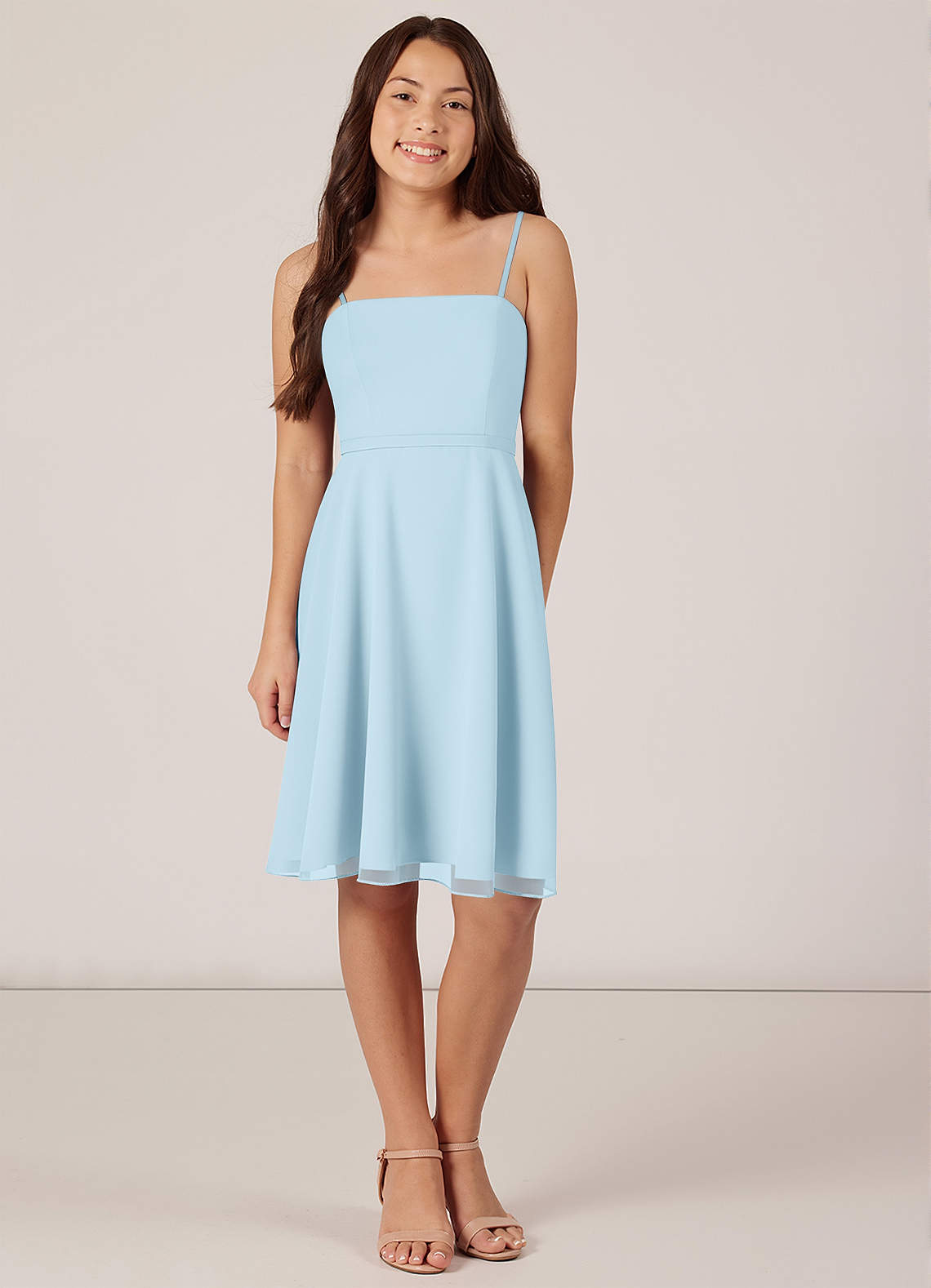 Azazie Kalie Junior Sky Blue A-Line with Belt Chiffon Dress image1