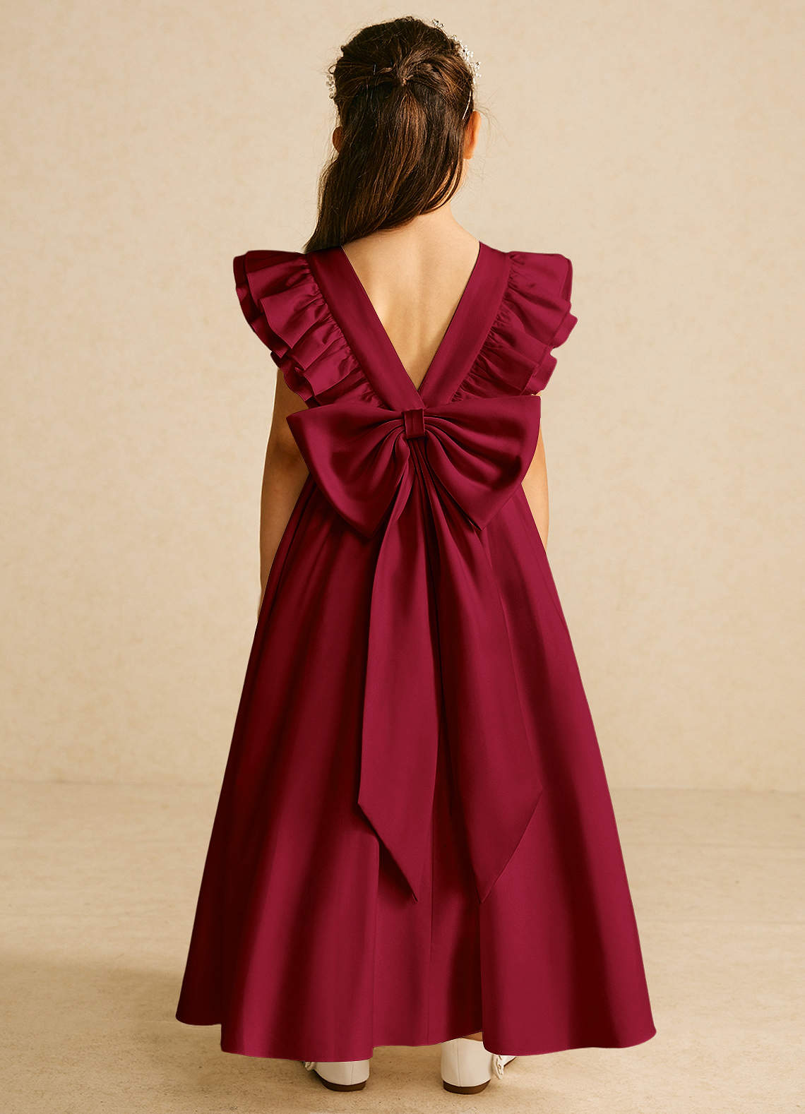 Azazie Piglette Flower Girl Dresses Burgundy A-Line Bow Matte Satin Dress image1