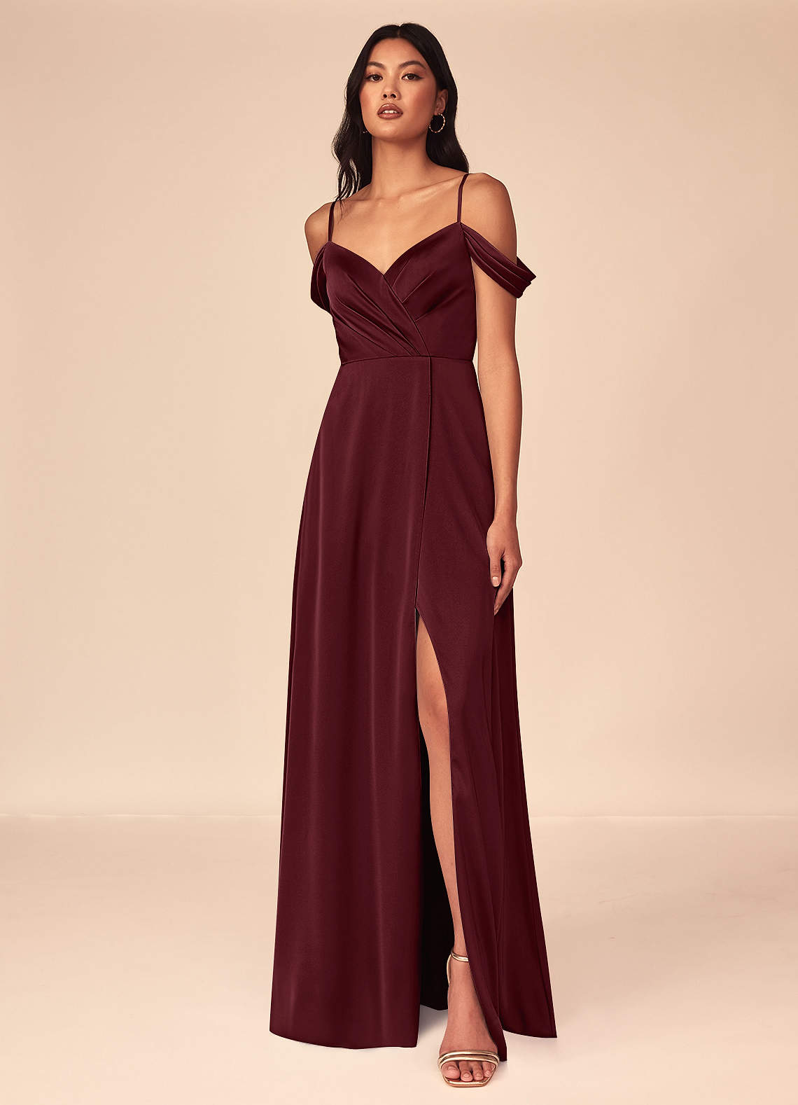 Azazie Ocean Bridesmaid Dresses Cabernet A-Line V-Neck Pleated Stretch Satin Dress image1