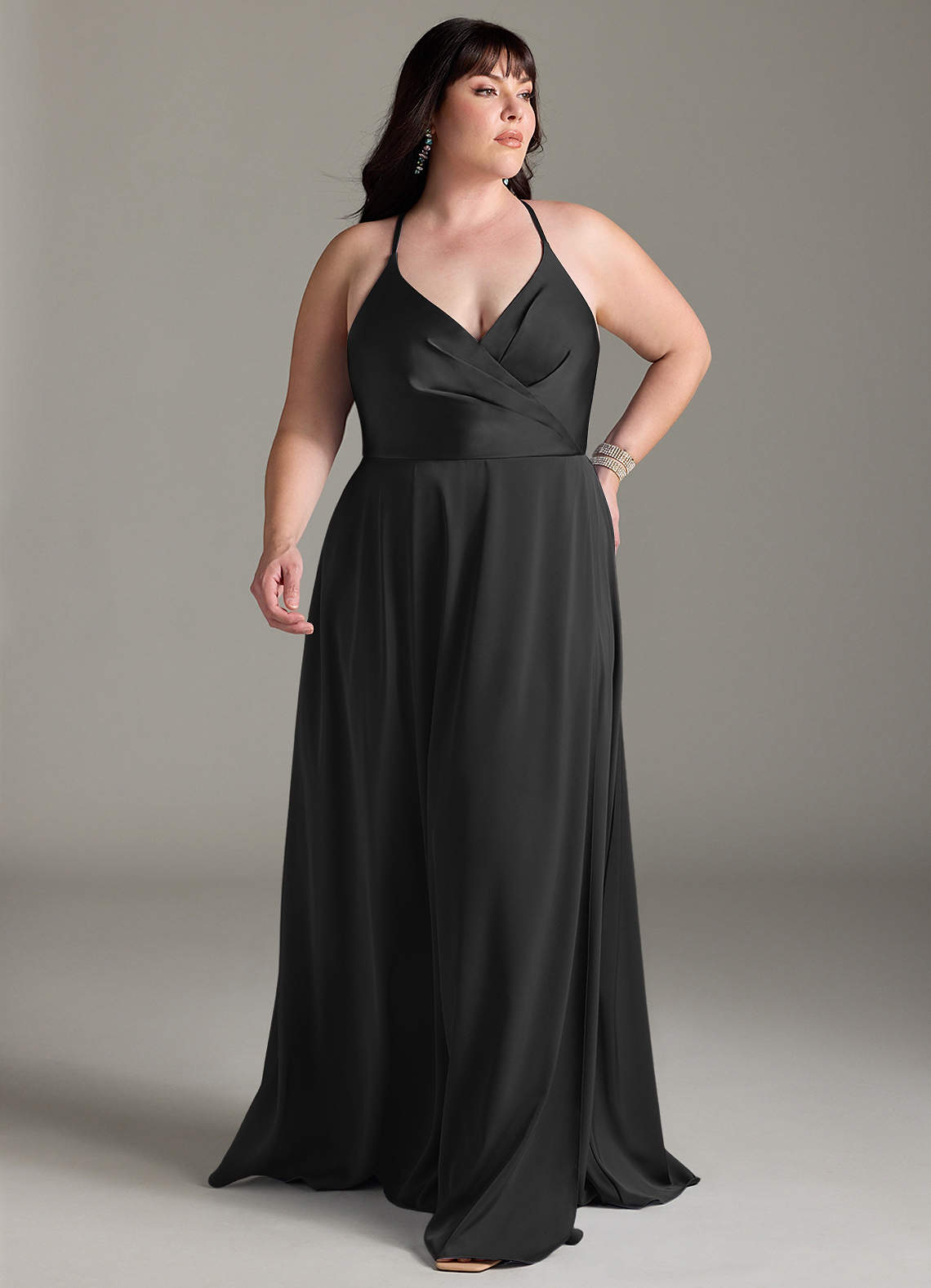 Azazie Davis Bridesmaid Dresses Black A-Line Pleated Stretch Satin Dress image1