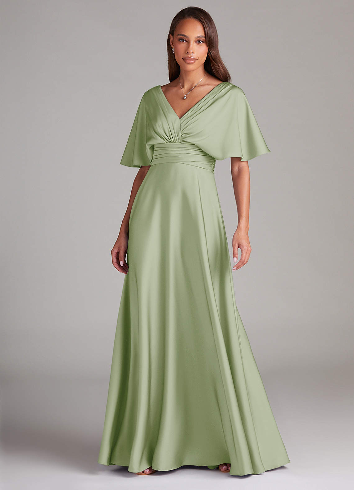 Azazie Pamela Robes de demoiselle d'honneur Robe Trapèze en Satin extensible Plissée Vert Sauge image1
