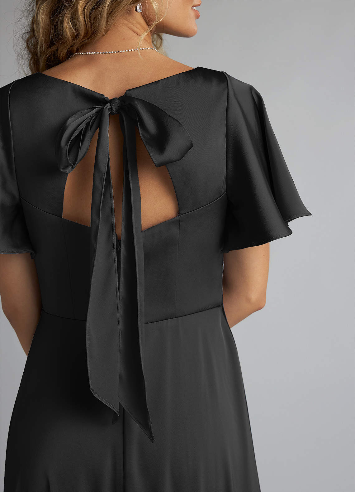Azazie Kimber Bridesmaid Dresses Black A-Line Ruched Stretch Satin Dress image4