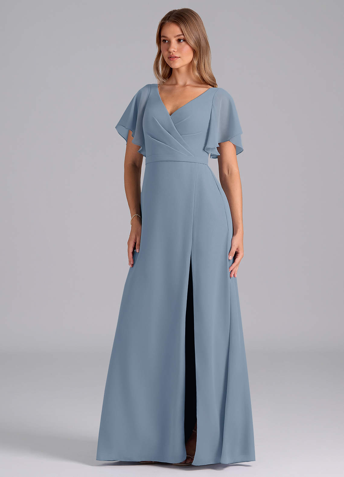 Azazie Ambrosia Bridesmaid Dresses Dusty Blue A-Line Pleated Chiffon Dress image1