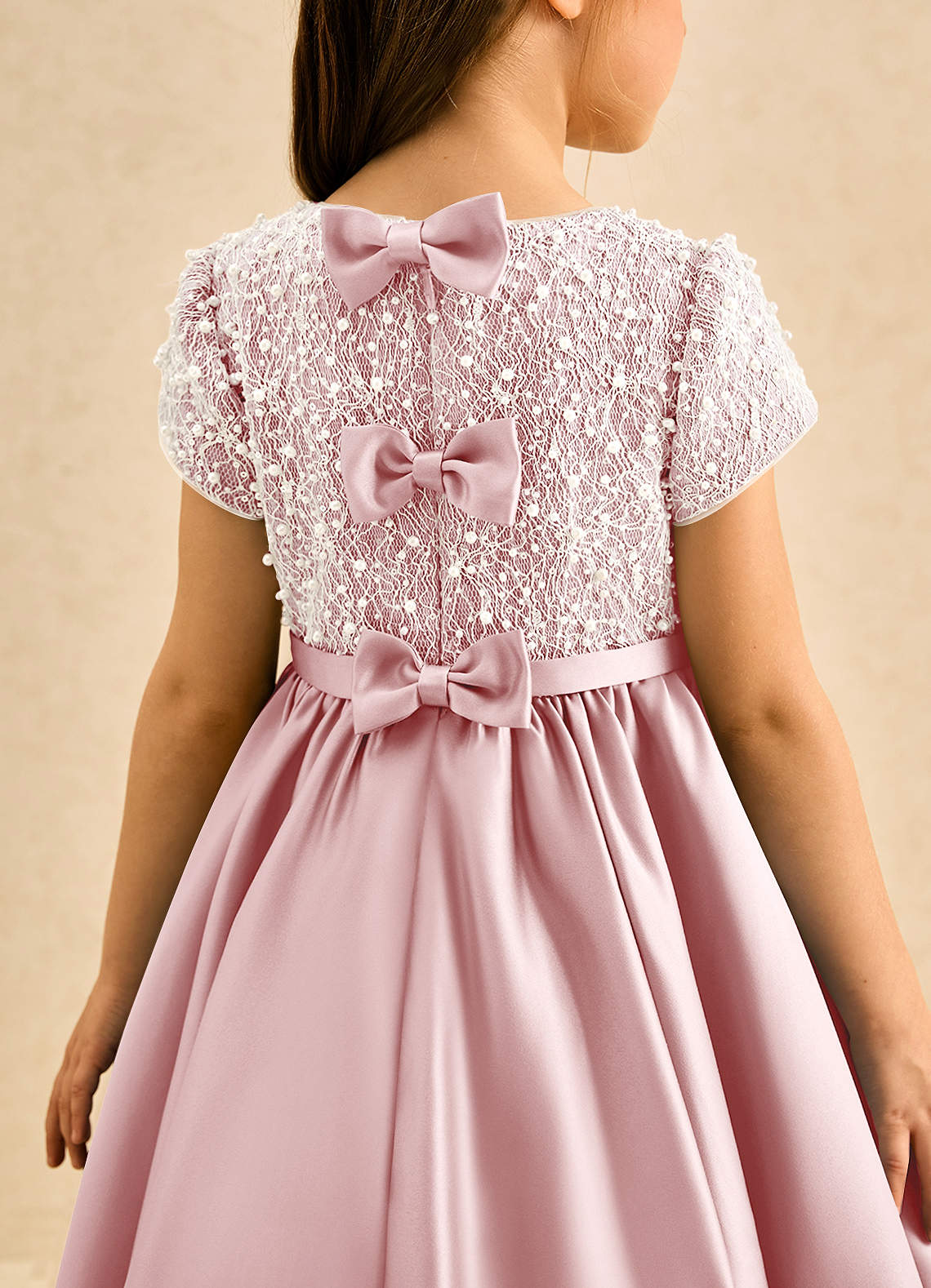 Azazie Cashew Robe Demoiselle D'honneur Fillette Robe Princesse en Mat Satiné avec manches Rose Poudré image6
